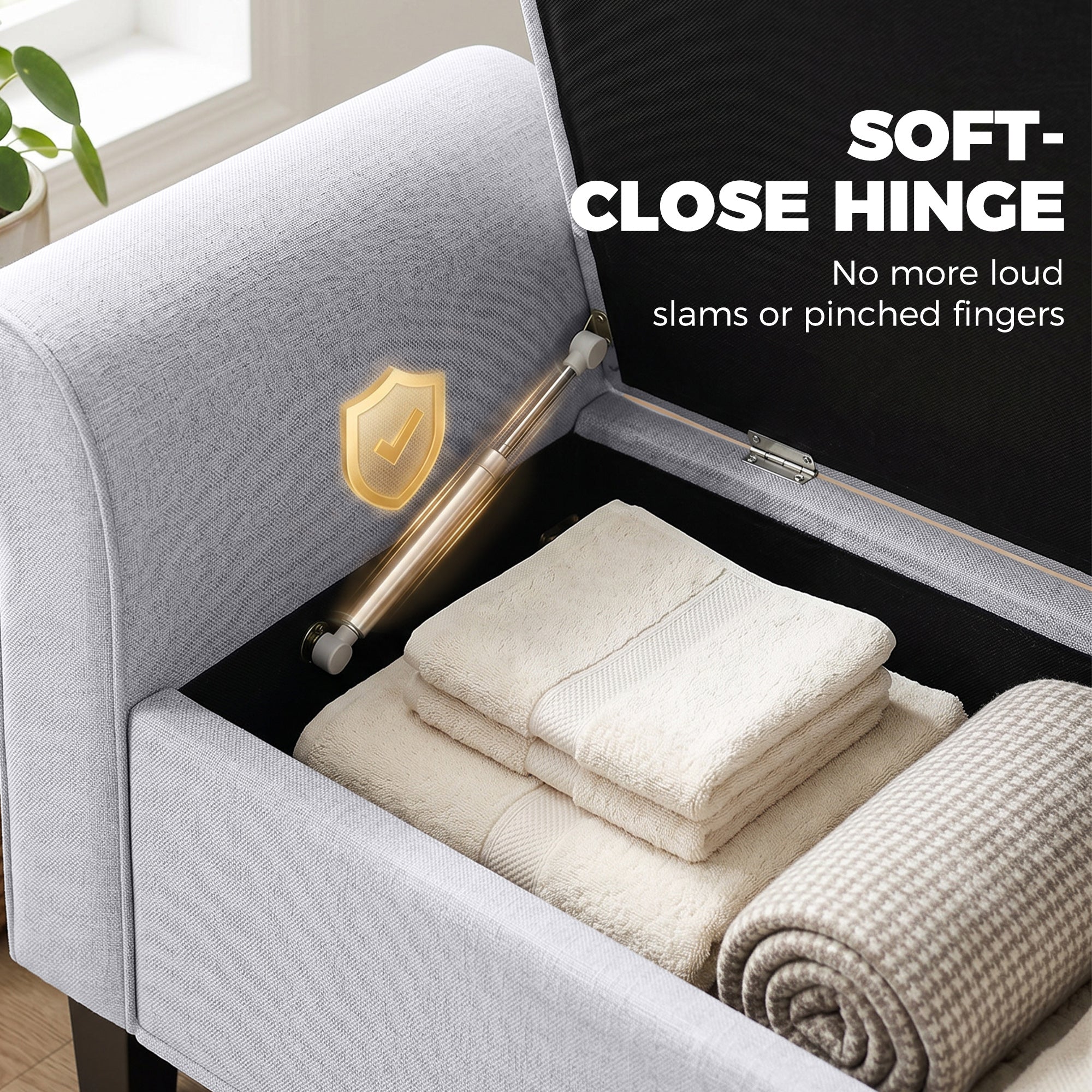 47" Storage Ottoman Bench, Tufted End of Bed Bench with Rolled Arms, Safety Hinge, Wood Legs for Bedroom, Light Gray