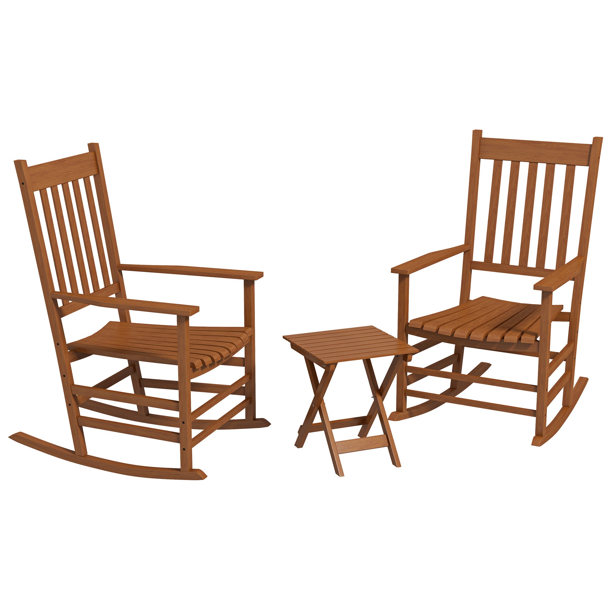 Outdoor Rocking Chair Set of 2 with Side Table, Patio Wooden Rocking Chair with Smooth Armrests, High Back for Garden, Balcony, Porch, Supports Up to 352 lbs, Teak