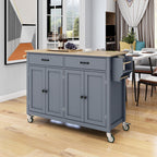 Kitchen Island Cart with 4-Door Cabinet, 2 Drawers, Solid Wood Top, Locking Wheels, Spice and Towel Racks, 54.5" L x 18.5" W x 36" H, Blue
