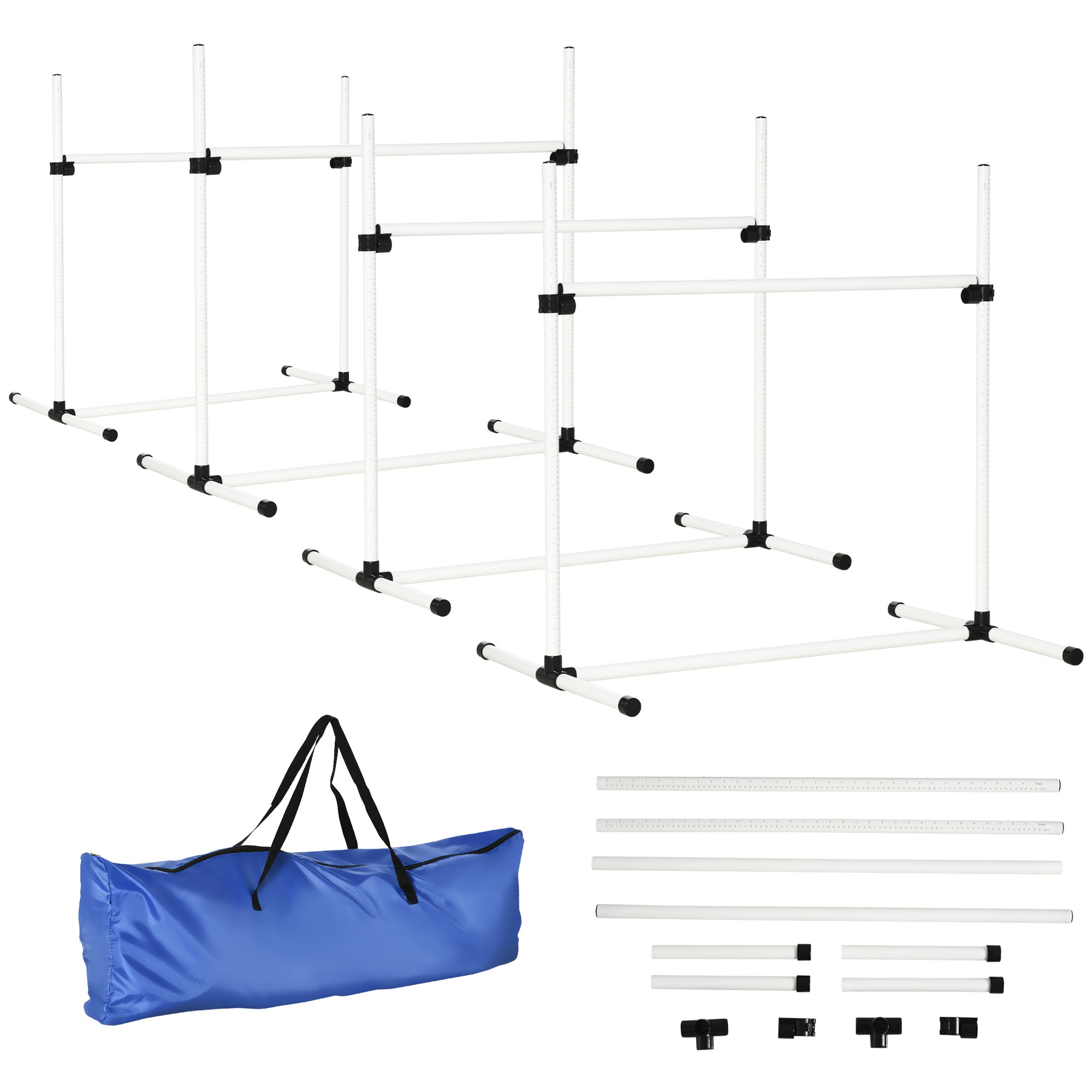 4 Piece Dog Agility Training Equipment for Dog Agility Course with Adjustable Height Jump Bars, Included Carry Bag, & Displacing Top Bar, White