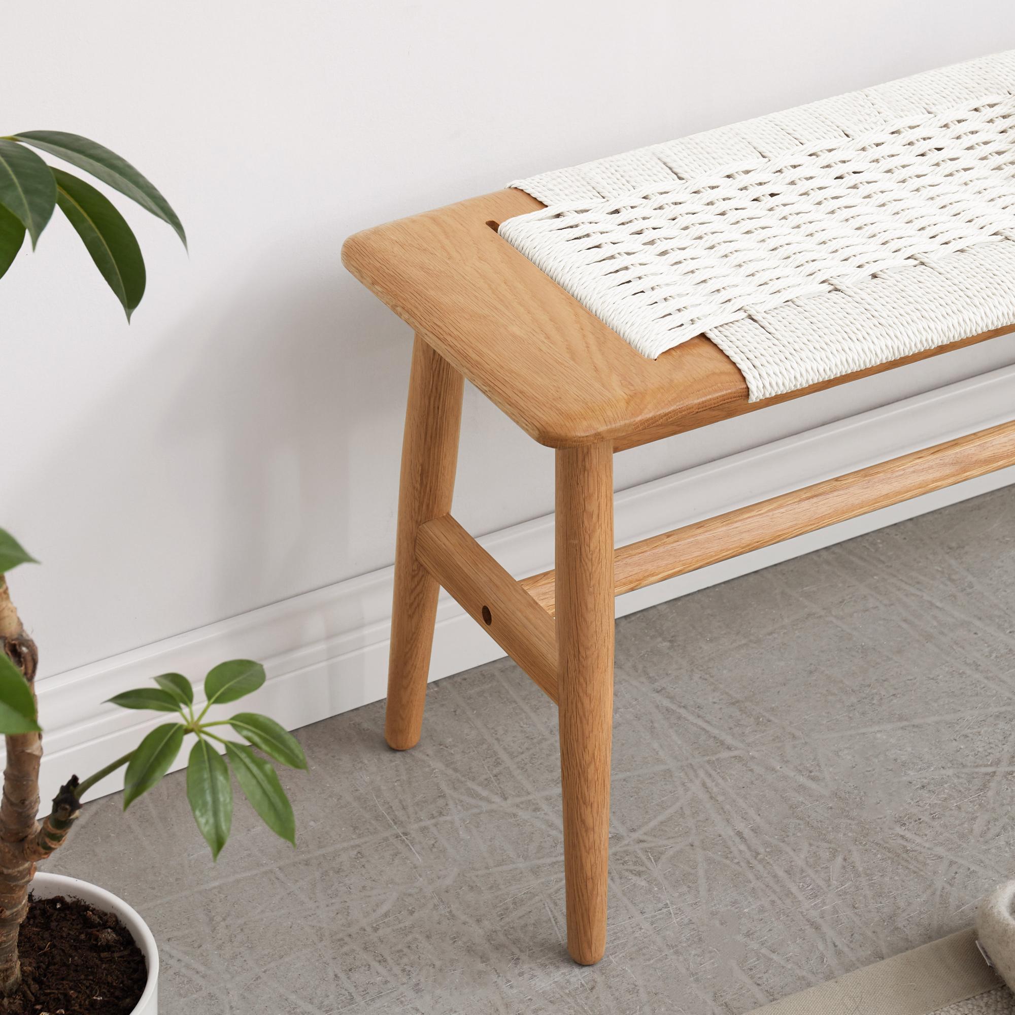 Solid Dining Bench with Handwoven Cane Seat, Versatile Wood Bench for Dining Room or Bedroom, 31.5″ L x 12″ W x 16″ H, White
