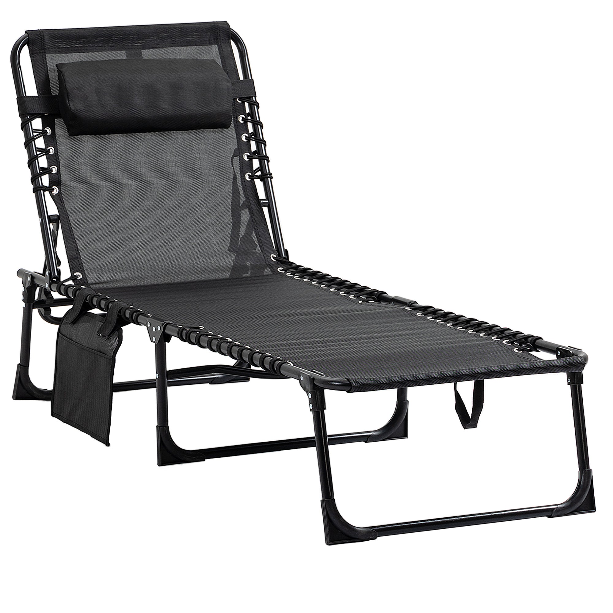 Reclining Chaise Lounge Chair, Portable Sun Lounger, Folding Camping Cot with Adjustable Backrest and Removable Pillow, for Patio, Garden, Beach, Black