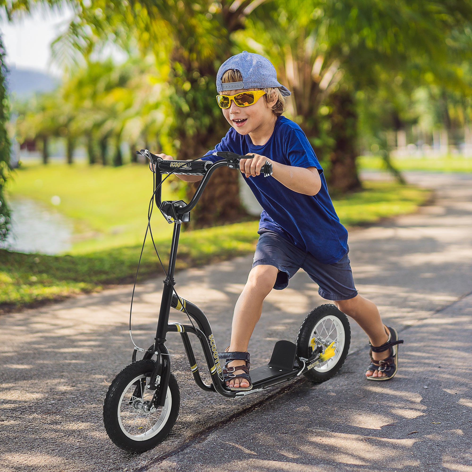 Youth Scooter Front and Rear Caliper Dual Brakes 12-Inch Inflatable Front Wheel Ride On Toy For Age 5+ - Black