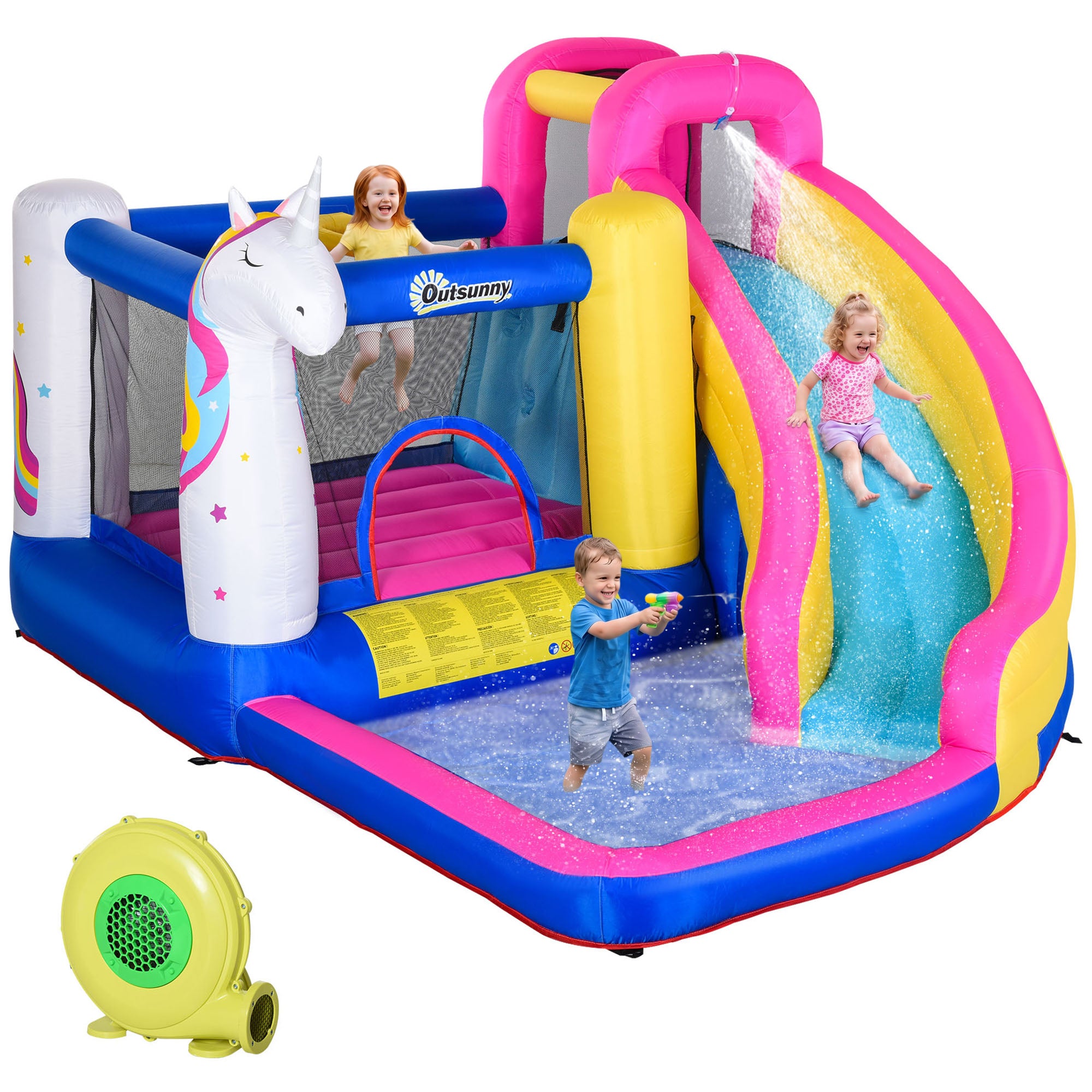 Inflatable Water Slide Bounce House with Trampoline, Climbing Wall, Water Cannon, Basketball Hoop, Splash Pool, 450W Blower, Unicorn Themed Bouncy House for Kids 3-8 Years Old