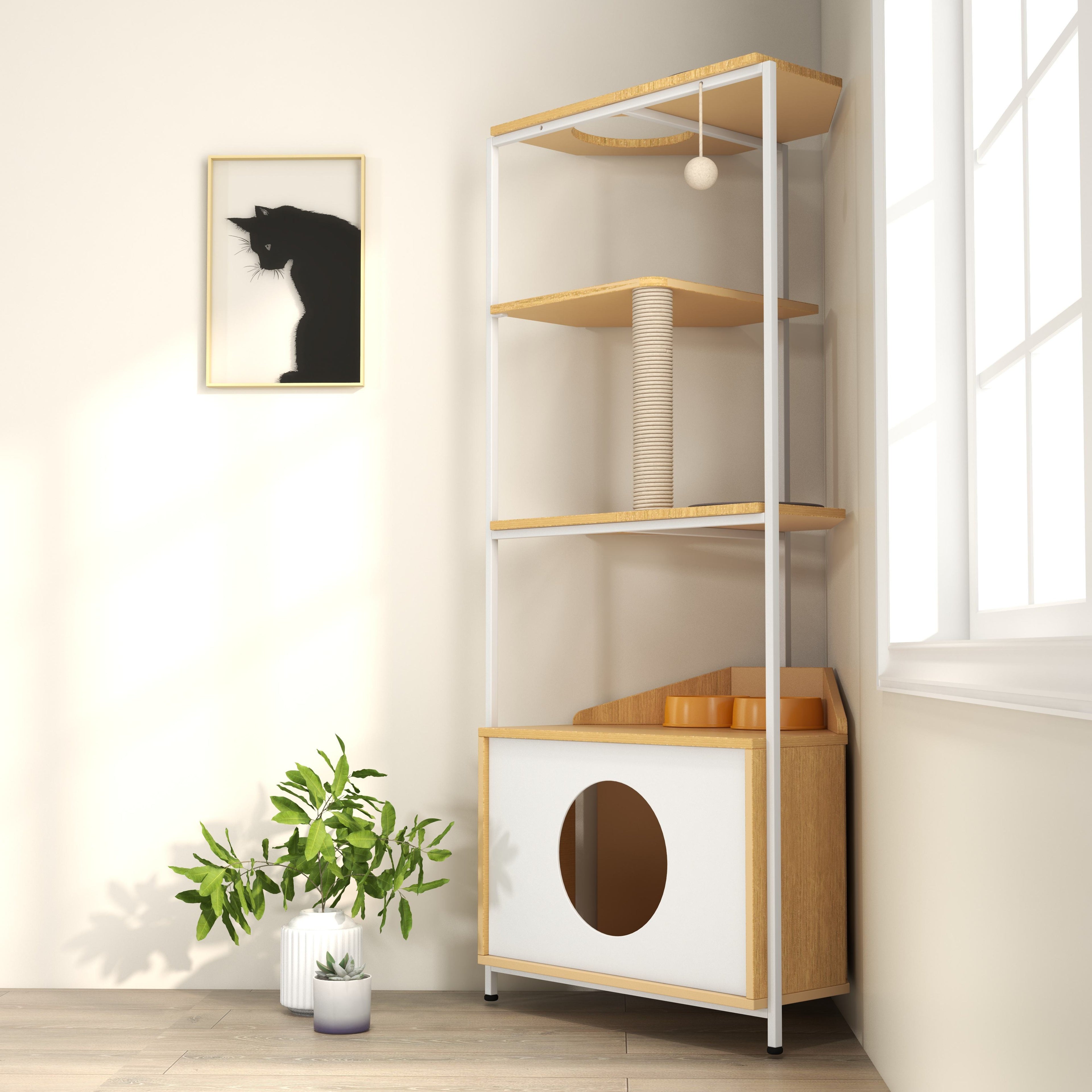 Corner Multi-Level Cat Tower and Condo with Scratching Post, Feeding Station, 25" L x 16" W x 58.5" H, White+Light Oak