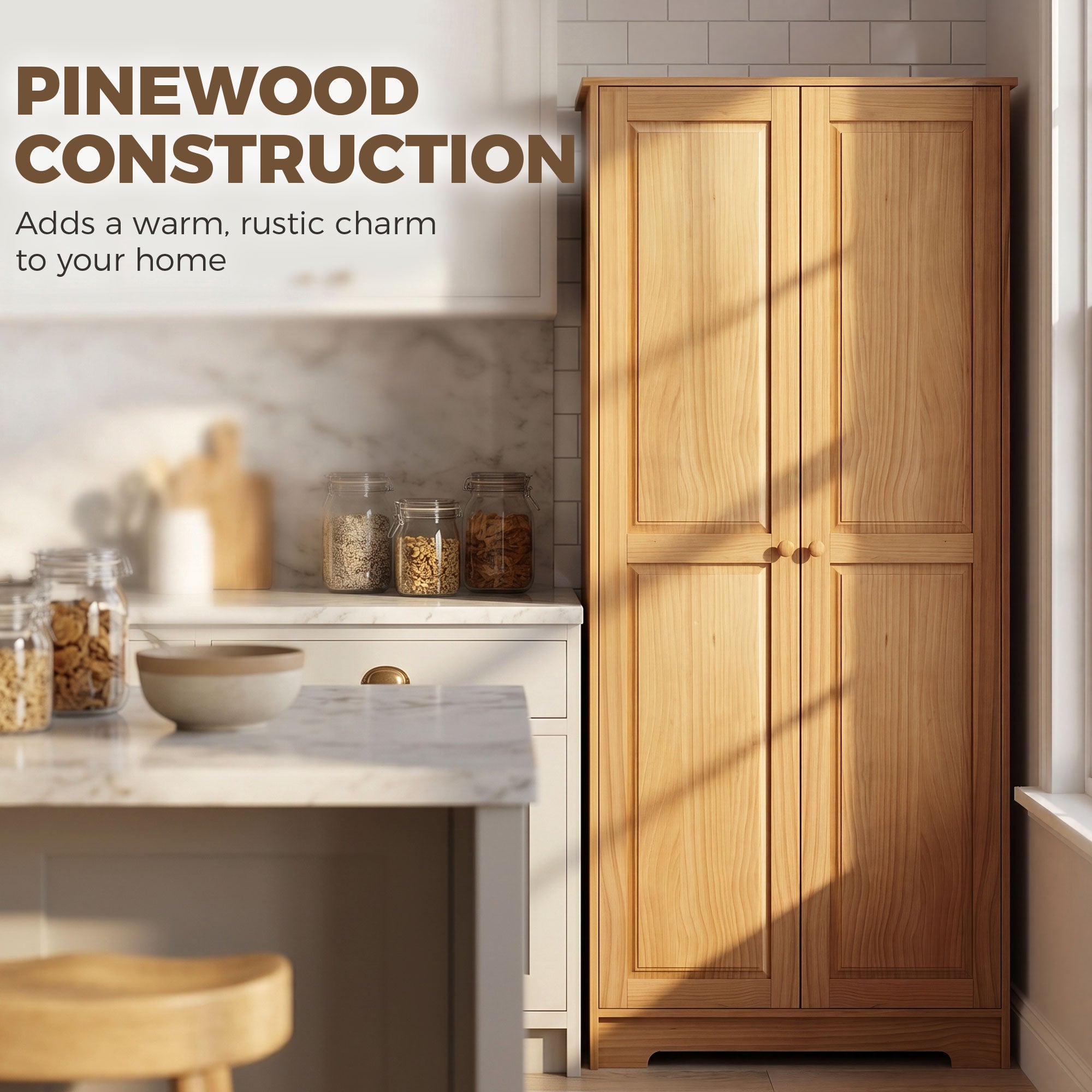 67" Pinewood Kitchen Pantry Storage Cabinet, Freestanding Cabinets with Doors and Shelves, Dining Room