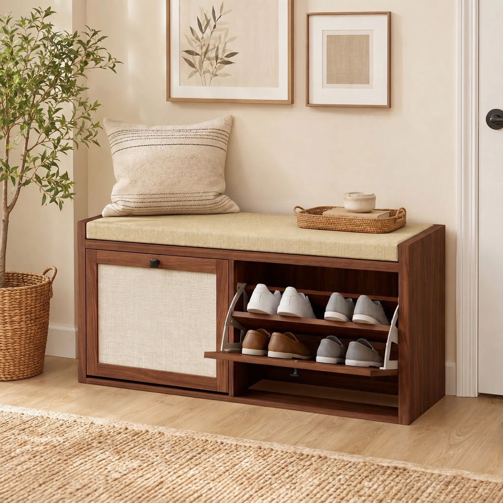 Shoe Storage Bench with Padded Seat, Shoe Storage Bench 2 Rattan Doors for Entryway, Brown