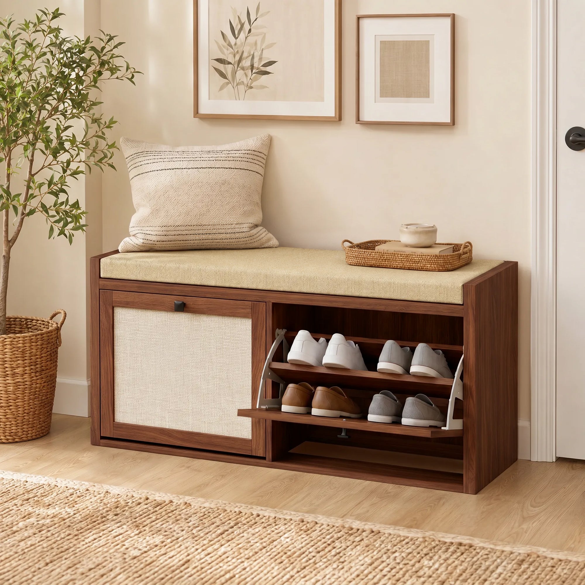 Shoe Storage Bench with Padded Seat, Shoe Storage Bench 2 Rattan Doors for Entryway, Brown