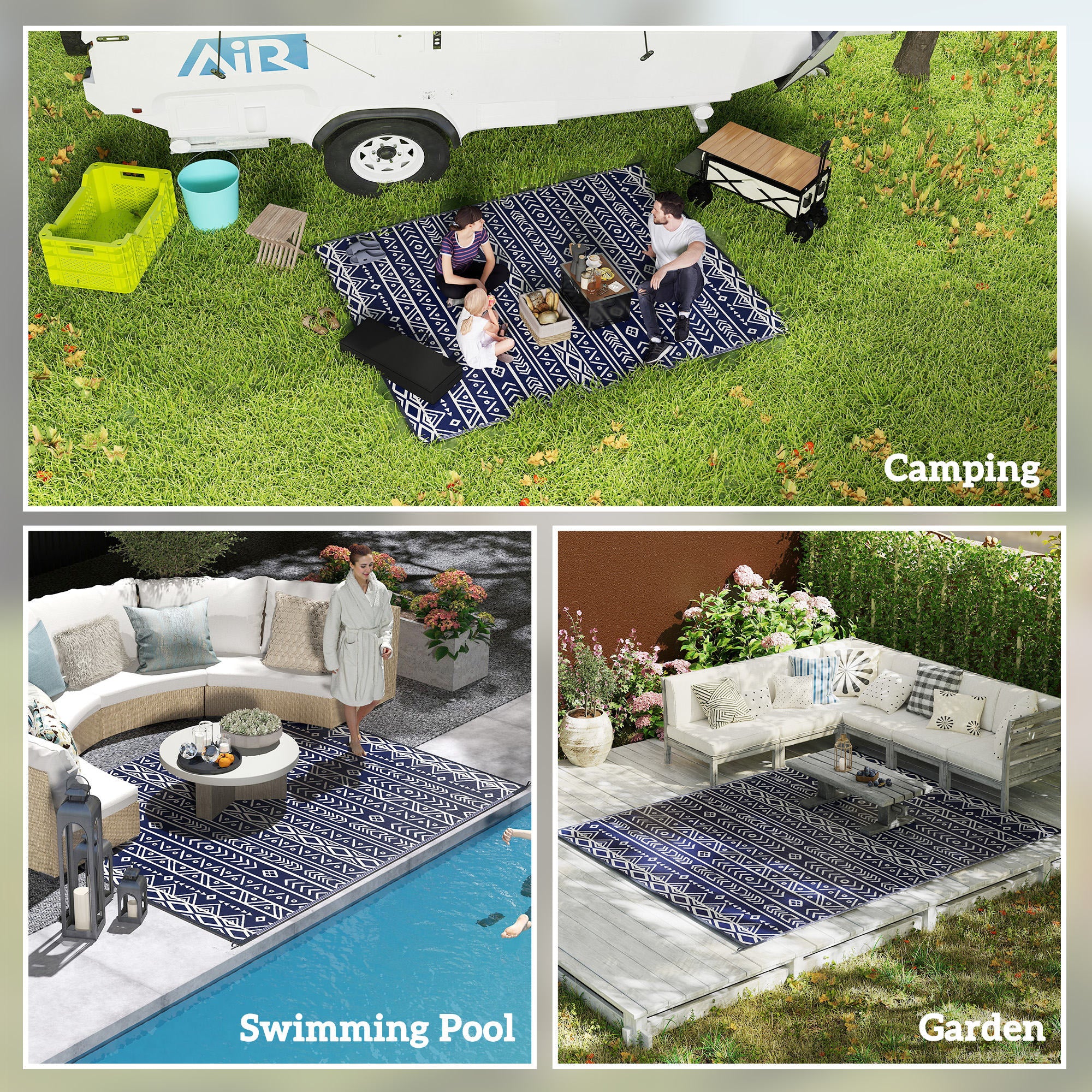 Reversible Outdoor Rug, Waterproof Plastic Straw with Carry Bag, 8' x 10', Blue & White Geometric