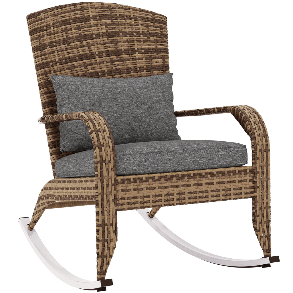 Adirondack Chair, Outdoor Wicker Rocking Chair with High Back, Seat Cushion, and Pillow for Porch, Balcony, Gray