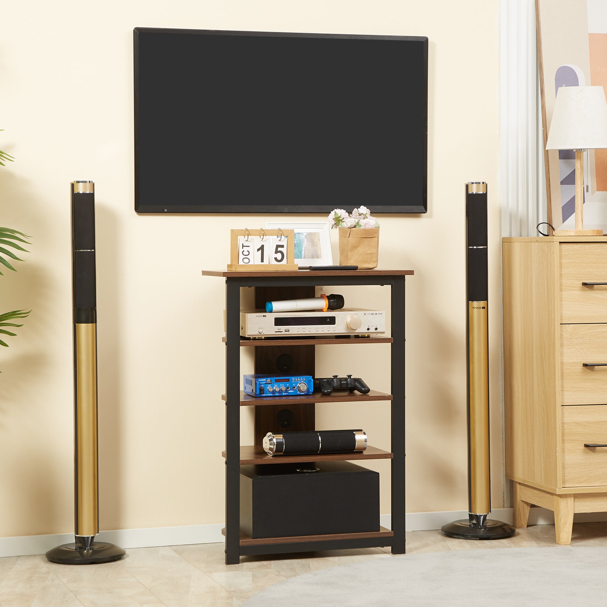 Media Stand with 4-Tier Audio Rack AV Media Corner Shelf with Cable Management for DVD Players Game Console TV Box Cable Box Xbox WiFi Router, Brown