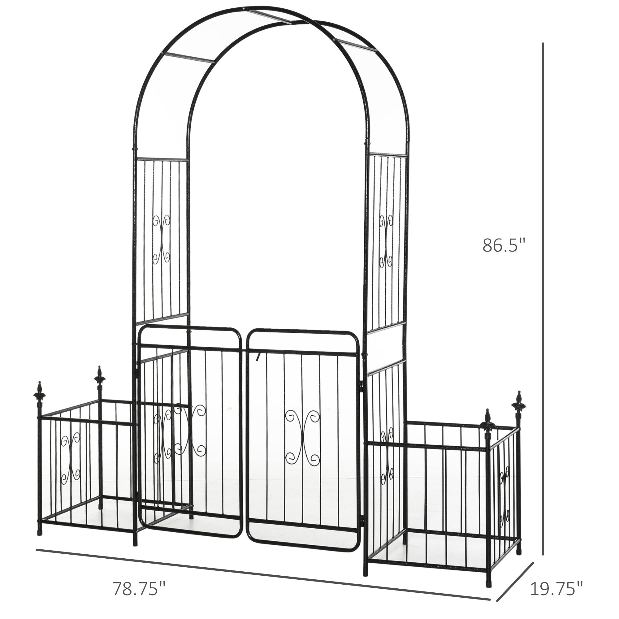 86" Garden Arch Arbor, Metal Arch Trellis with Gate and Planter Baskets, Garden Archway for Climbing Vines, Wedding Ceremony Decoration, Flourishes & Arrow Tips, Black