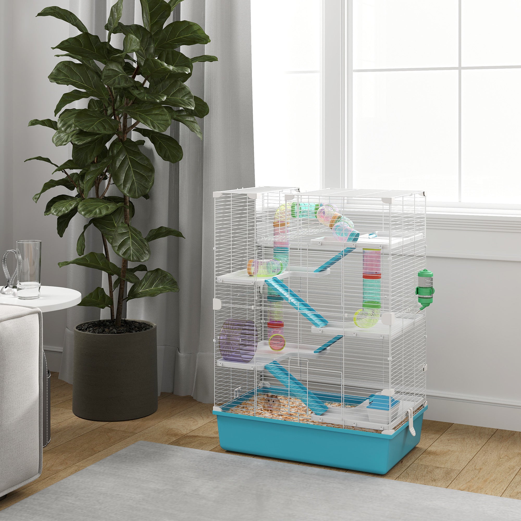 6 Tier Hamster Cage with Tubes and Tunnels, Hut, Wheel, Food Dish, Water Bottle, Ramps, for Dwarf & Gerbil, Light Blue