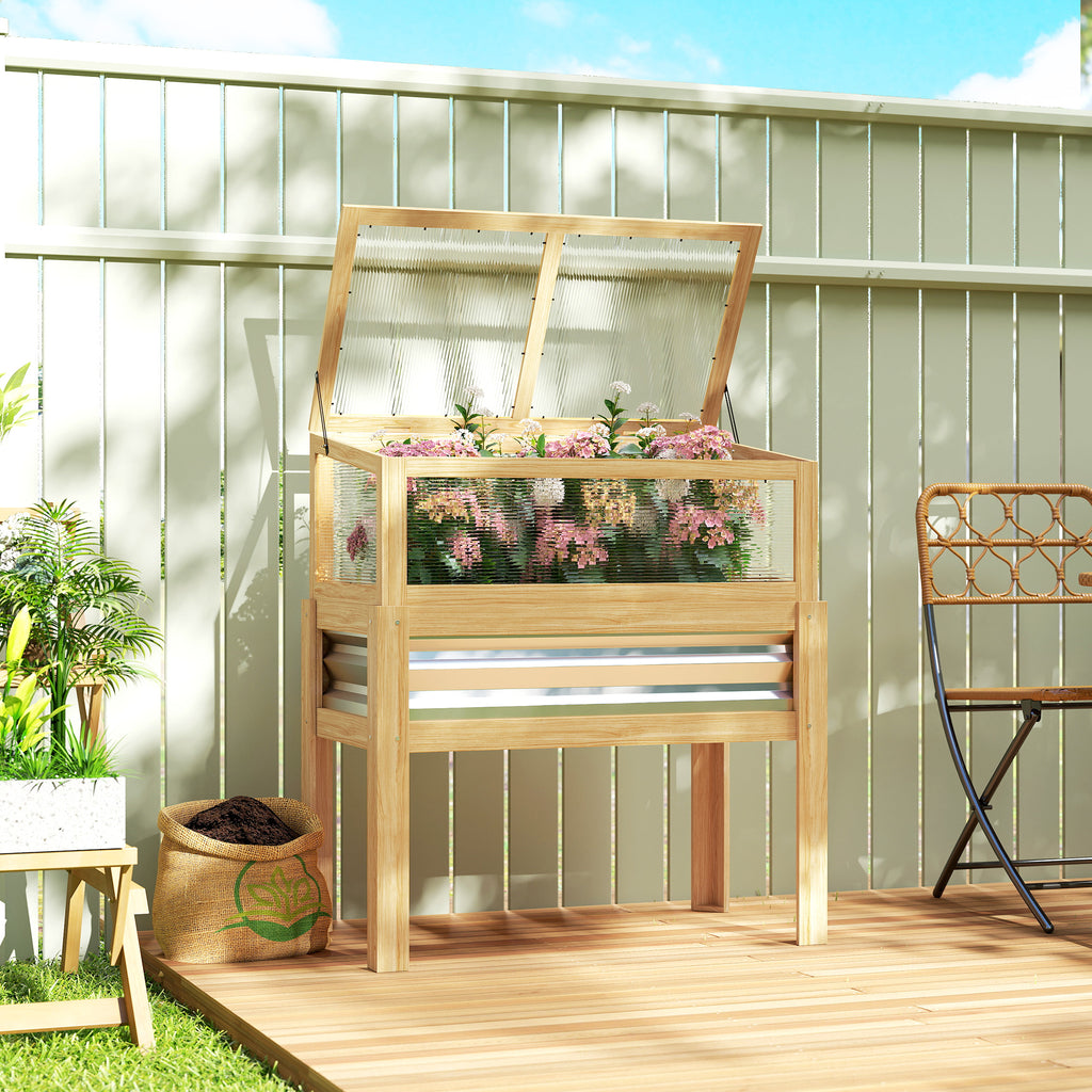 Raised Garden Bed with Mini Greenhouse, Elevated Planter Box with Legs and Bed Liner for Flowers, Vegetables