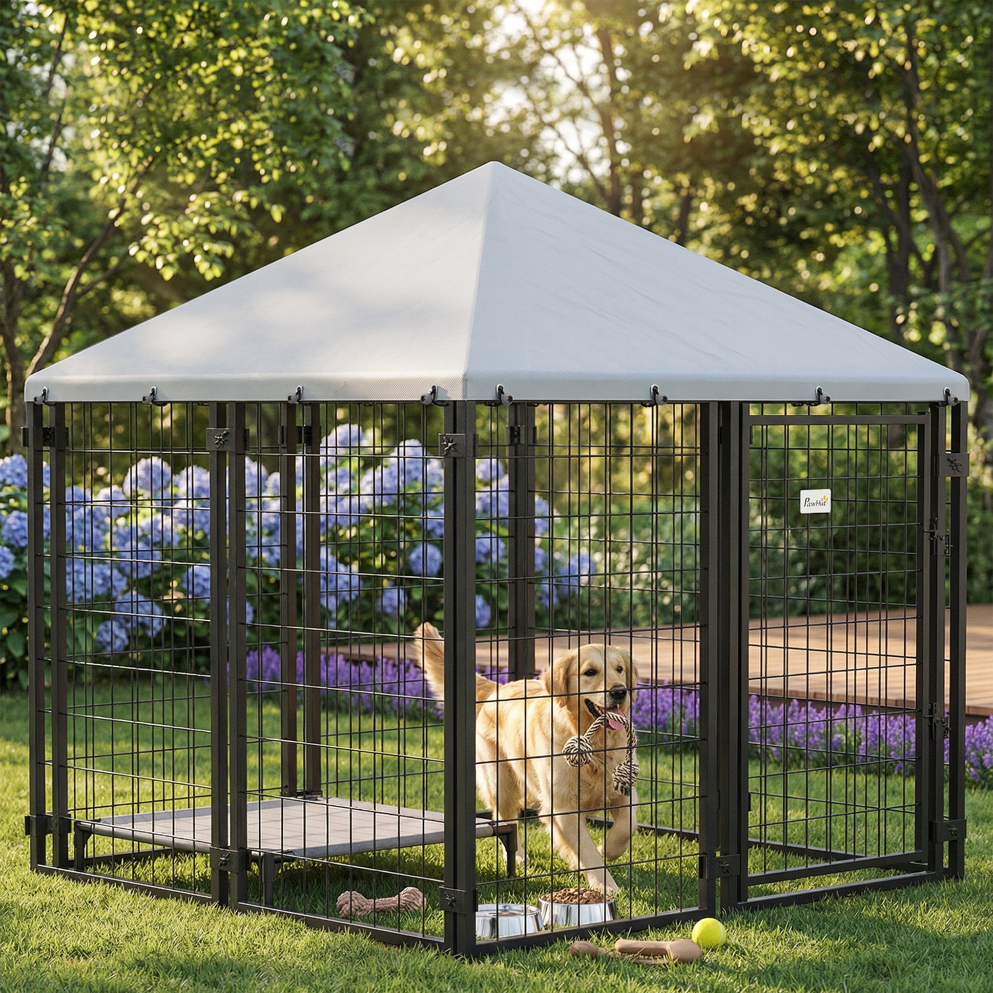 Lockable Dog House Kennel with Water-resistant Roof for Small and Medium Sized Pets, 4.7' x 4.7' x 5.1', Silver