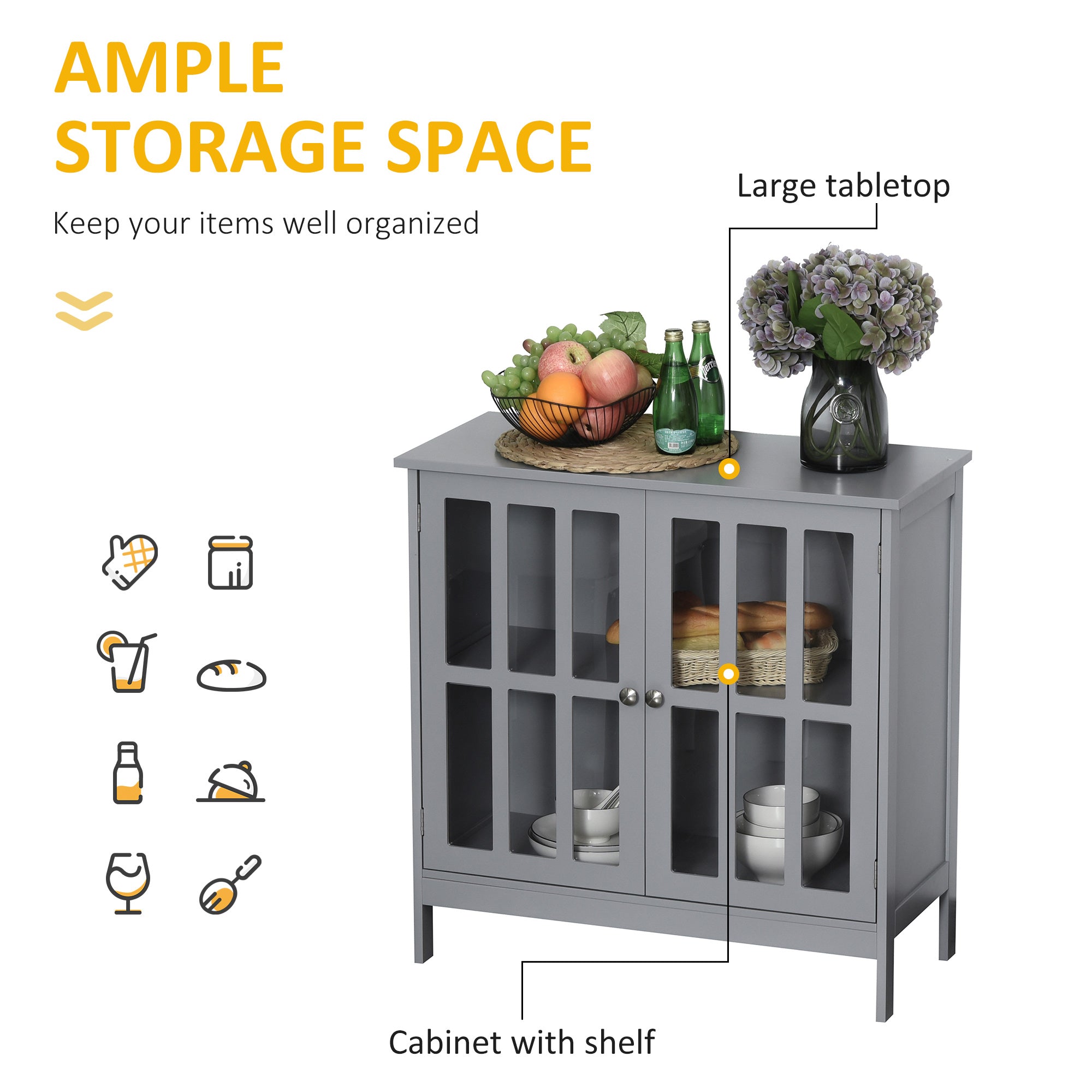 Contemporary Storage Cabinet, Cupboard Buffet Credenza with 2 Doors for Kitchen, Hallway, Living Room, Gray
