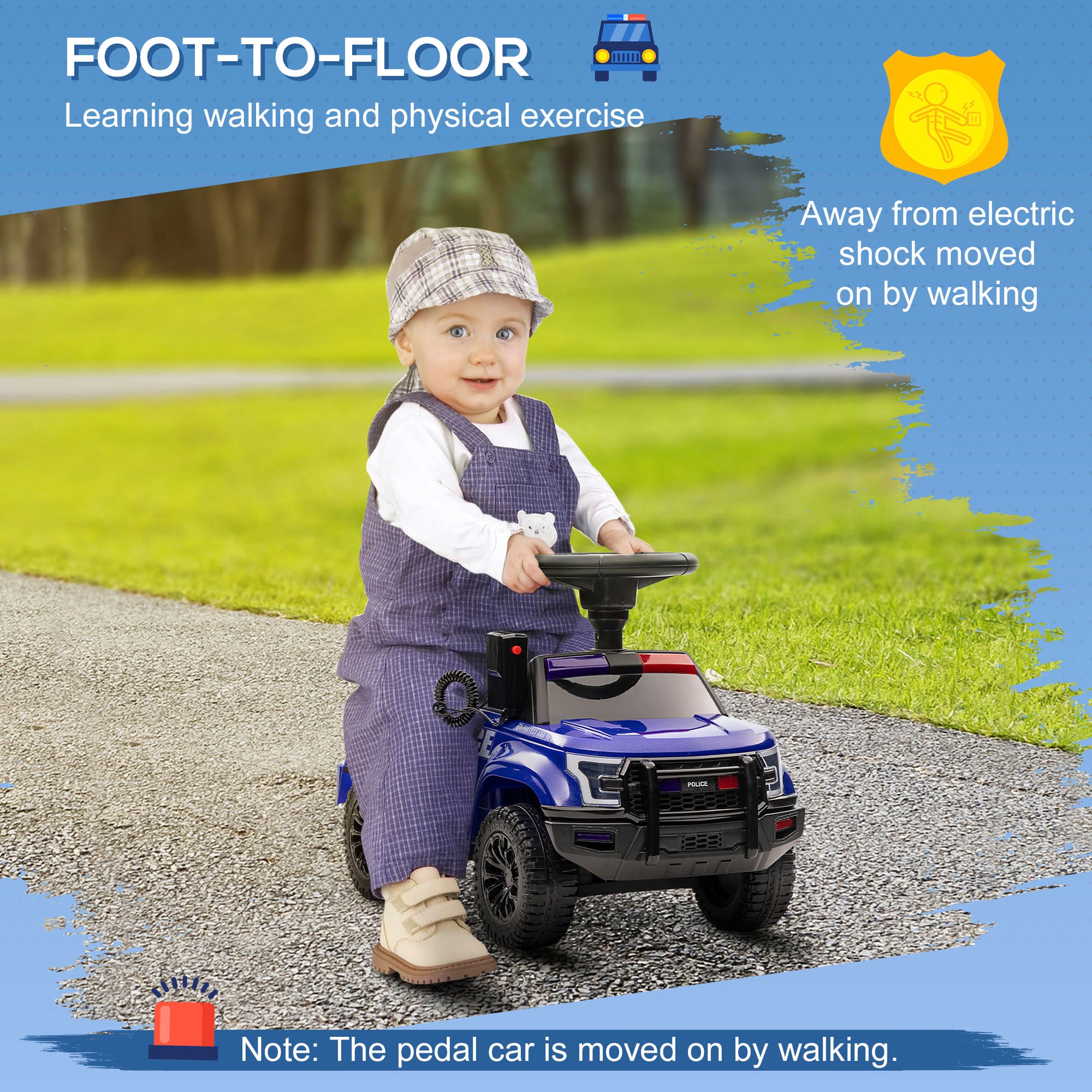 Kids Push Ride On Car with Working PA System and Horn, Police Truck Style Foot-to-Floor Sliding Car for Boys and Girls with Under-Seat Storage, for 18 Months to 5 Years Old, Blue