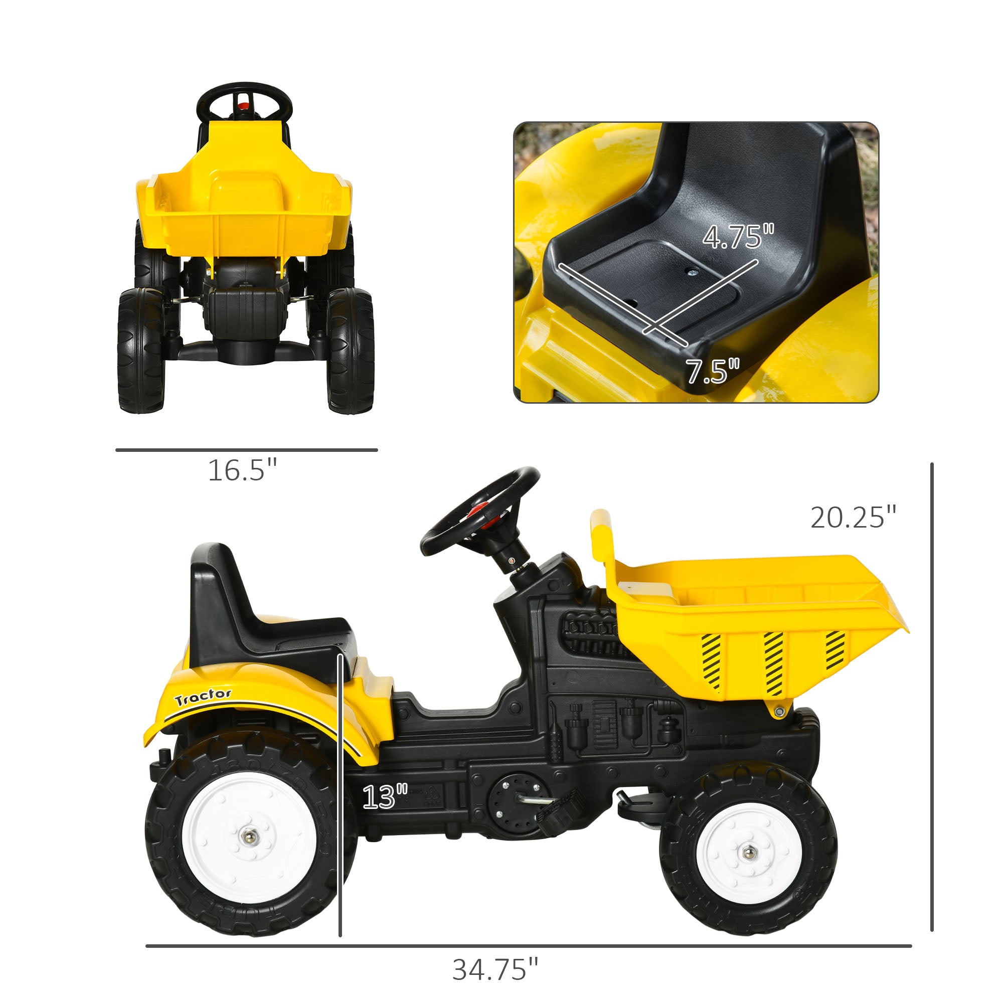 Kids No Power Ride-On Excavator with Manual Control Bucket, Yellow