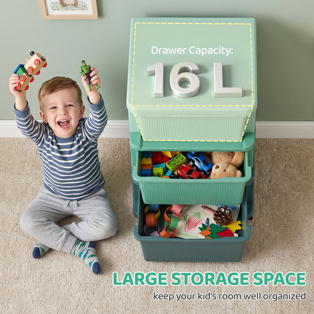 3 Tier Kids Storage Unit, Toy Organizers and Storage with 3 Drawer for Bedroom Nursery Living Room for Boys Girls Green