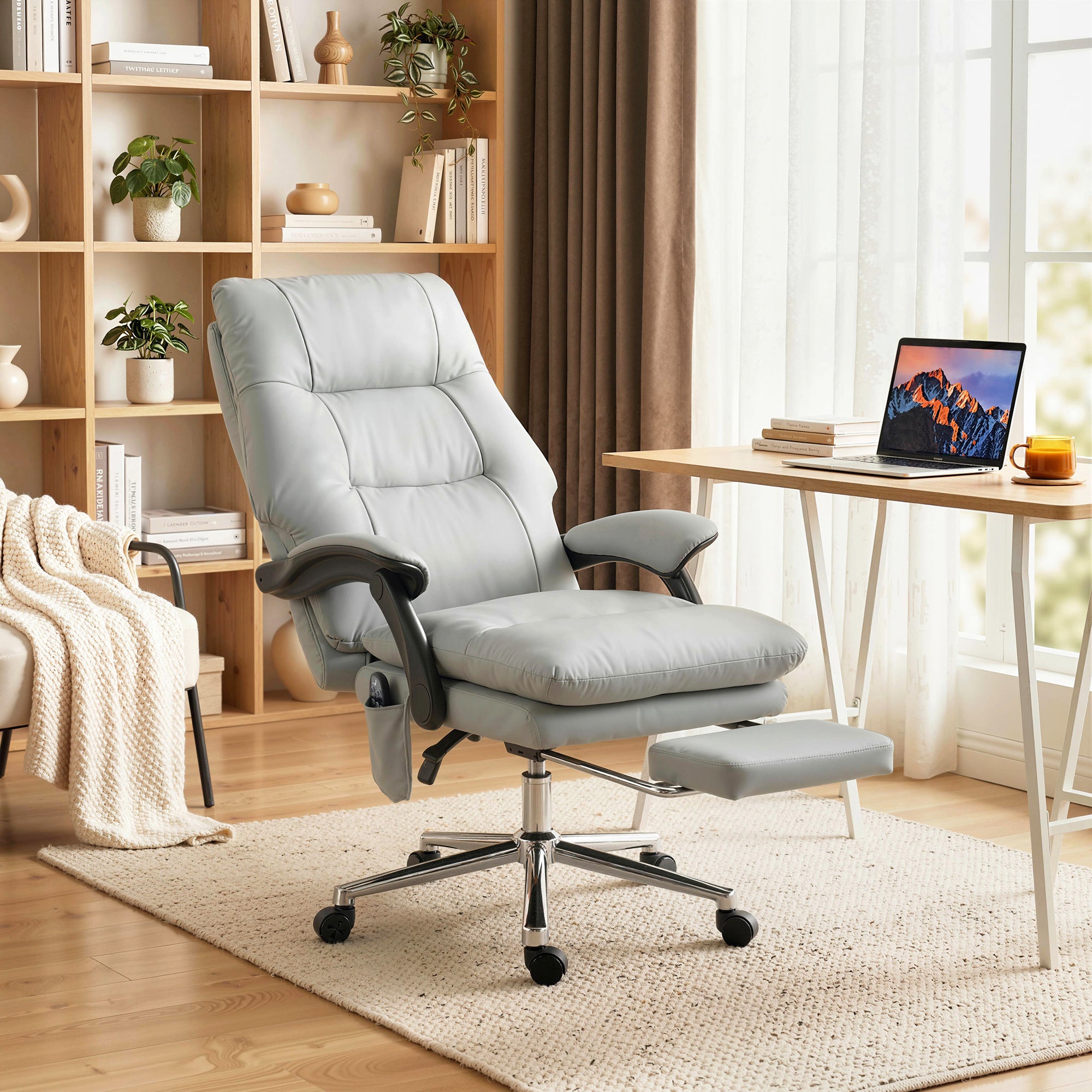 Massage Office Chair with 6-Point Vibration, Pet-Friendly Faux Leather Ergonomic Executive Desk Chair, Light Gray