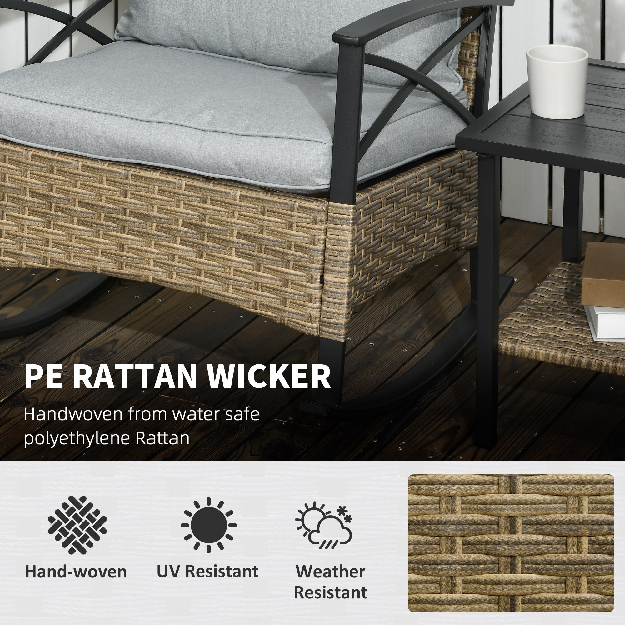 3 Piece Patio Rocking Chair Set, Outdoor Wicker Bistro Set with 2 Oversize Cushioned Porch Rockers and 2 Tier Coffee Table for Garden, Backyard, Light Gray