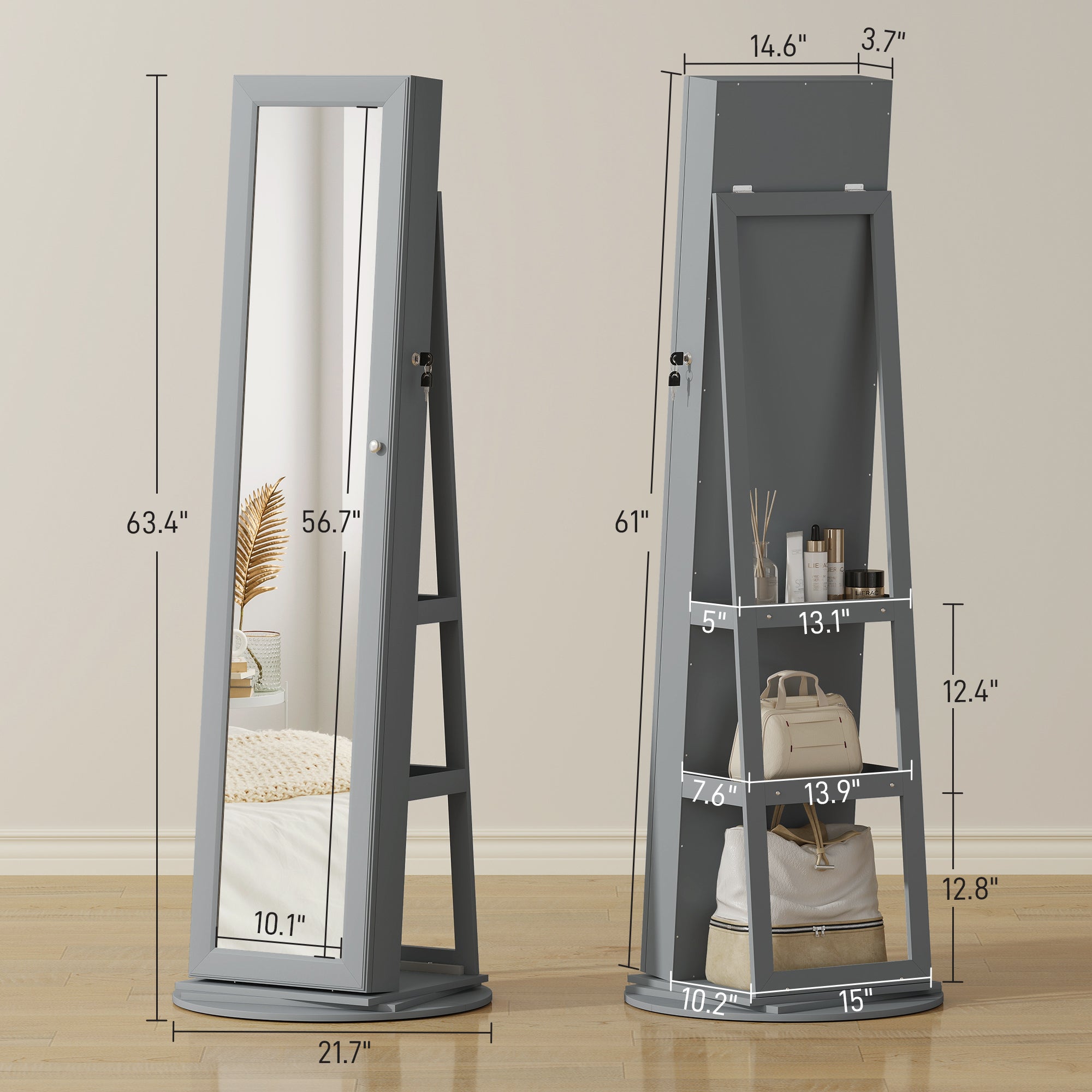 360° Swivel Jewelry Armoire, Lockable Jewelry Cabinet with Full-Length Mirror, Storage Shelves, Gray