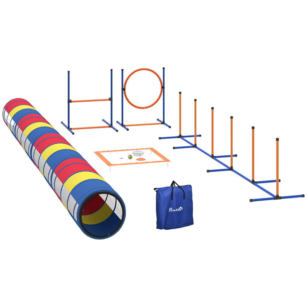 Dog Agility Training Equipment, 12-Piece Dog Obstacle Course with Adjustable Hurdle & Ring, 4 Tunnels, Weave Poles
