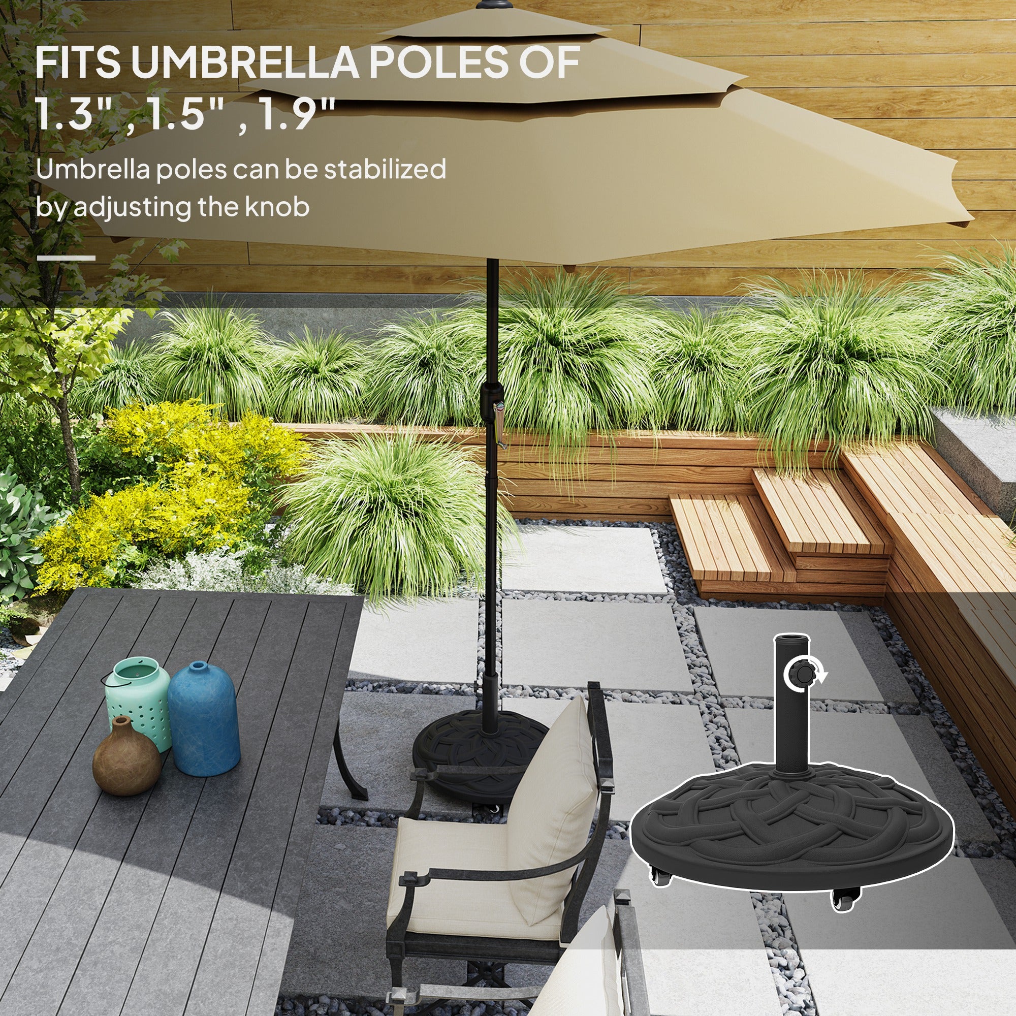 Round Patio Umbrella Base with Wheels, 44 lbs Resin Umbrella Stand Base, Heavy Duty Patio Umbrella Holder for 1.3"/1.5"/1.9" Umbrella Poles for Outdoor, Lawn, Poolside, Black