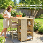 5 Piece Wicker Outdoor Bar Set, Acacia Wood Outdoor High Top Table and Chairs with 3 Tier Shelves, Cushions, Brown