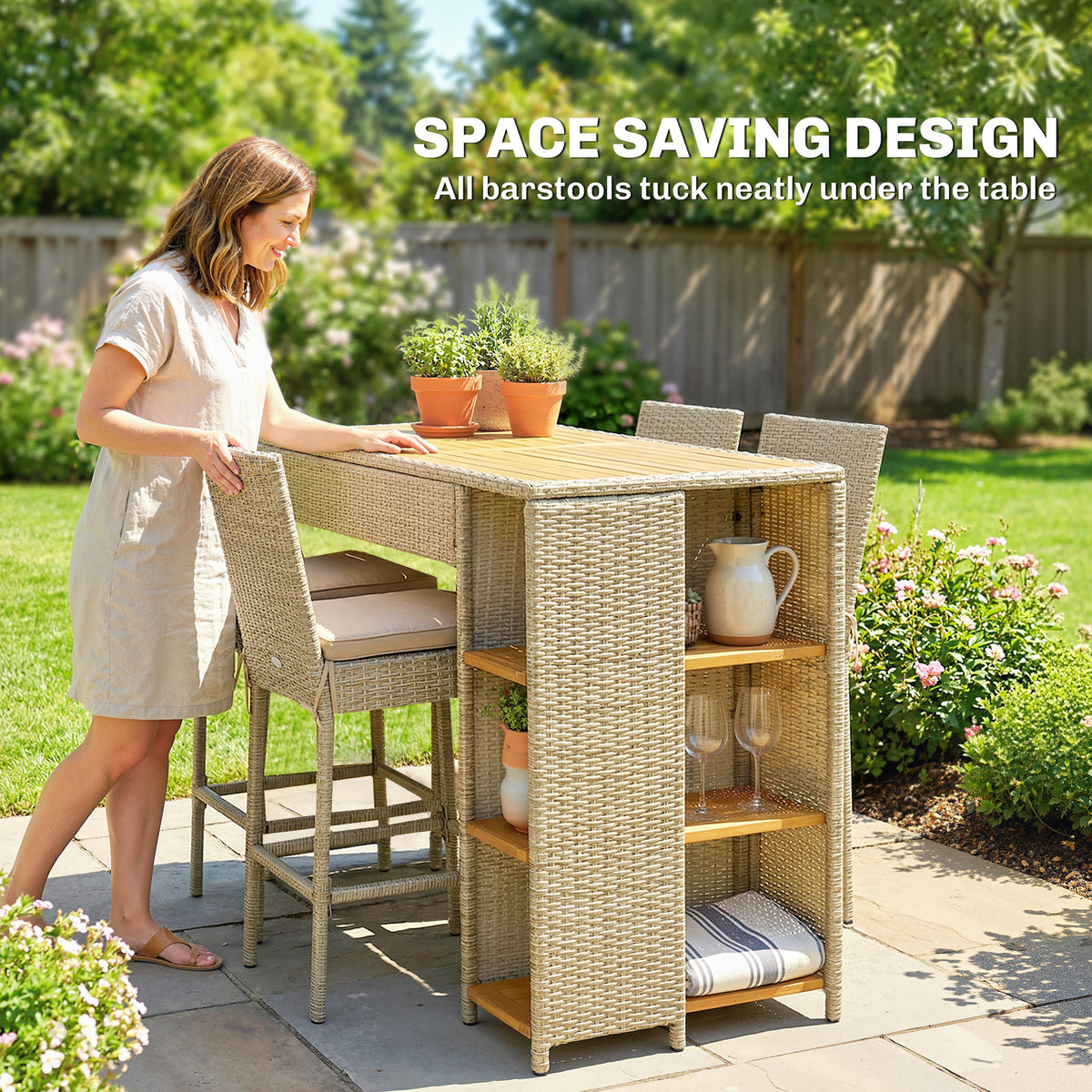 5 Piece Wicker Outdoor Bar Set, Acacia Wood Outdoor High Top Table and Chairs with 3 Tier Shelves, Cushions, Brown