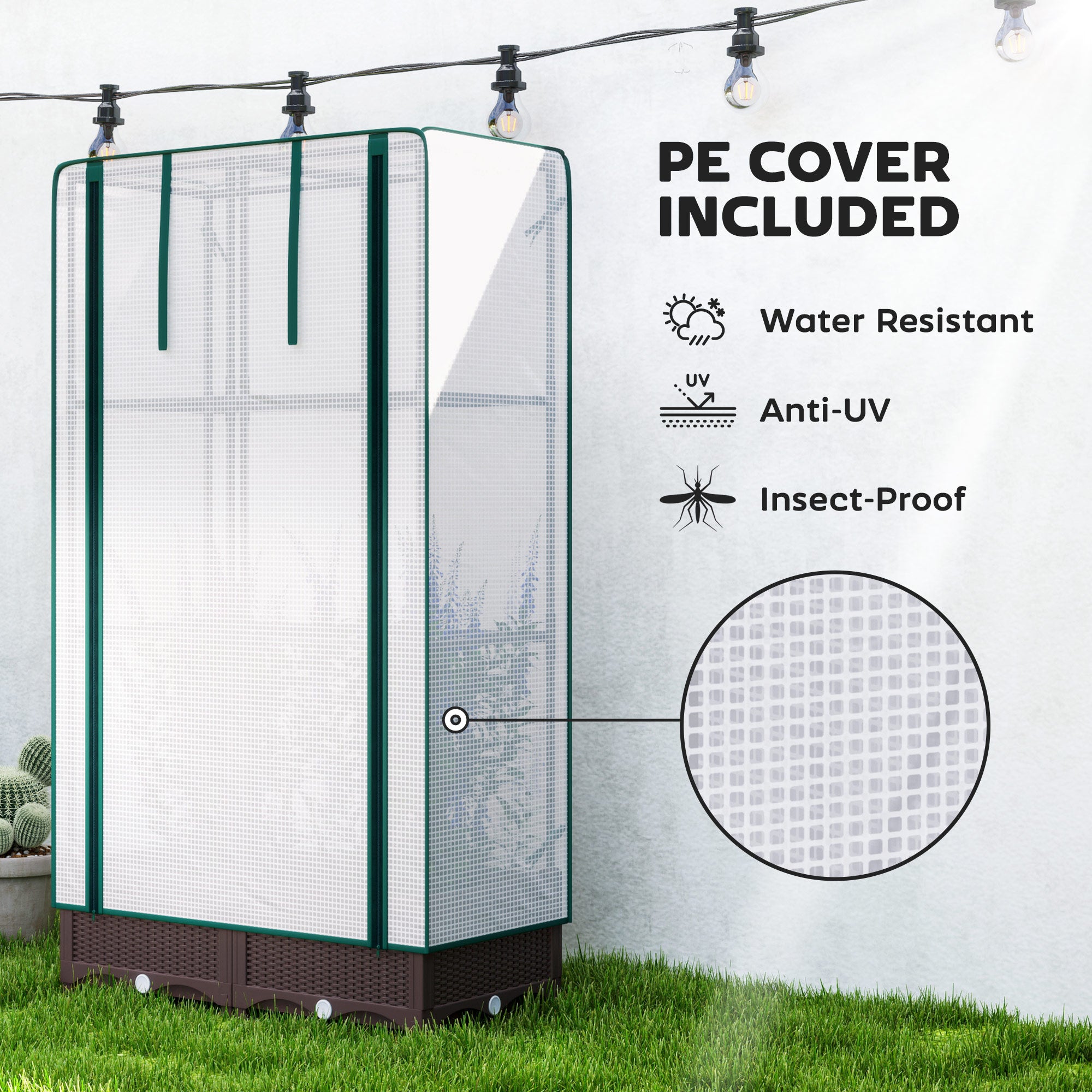 Garden Bed with Trellis, Outdoor Plant Box with PE Cover, Drainage Holes and Zipper Door, 31.5" x 15.7" x 48.8", Brown