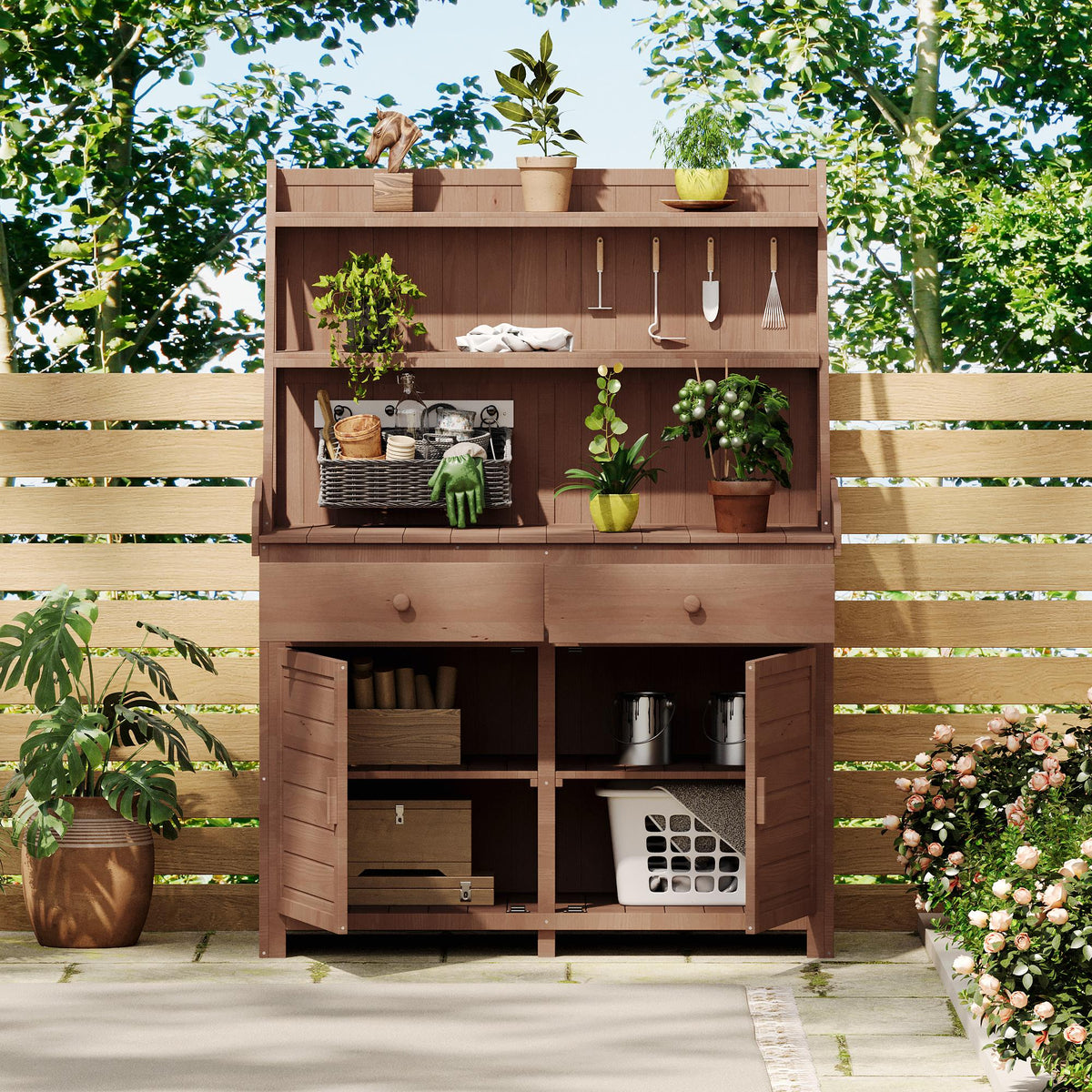 Garden Potting Bench Table with Cabinet, Drawer & Shelf, Fir Wood Outdoor Workstation for Garden & Patio, 47'' L x 23'' W x 65'' H, Brown