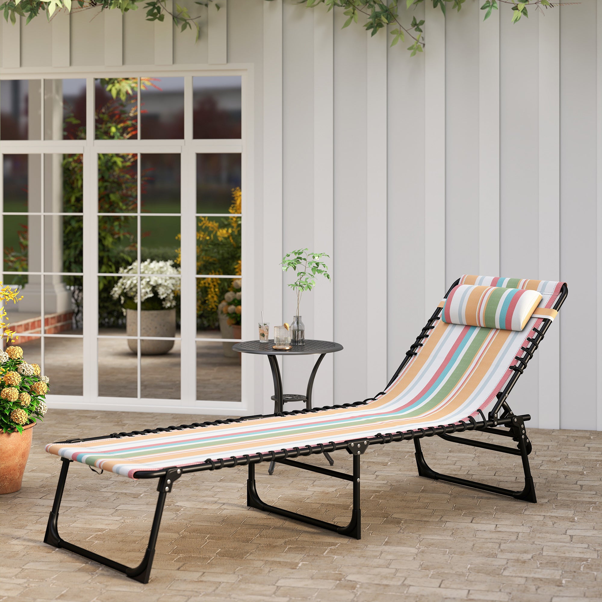 Folding Chaise Lounge Pool Chair with 4-Position Reclining Back, Pillow, Breathable Mesh & Bungee Seat, Rainbow Striped