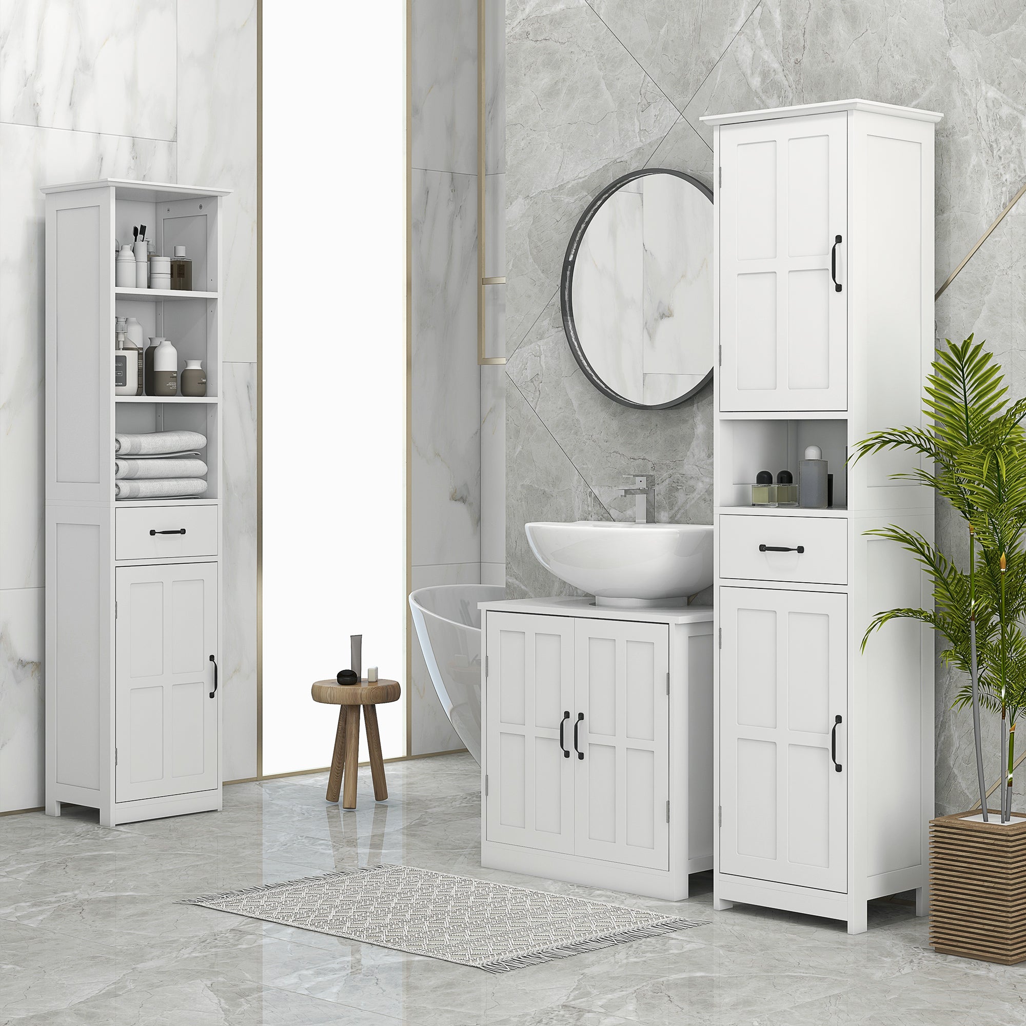 Modern Bathroom Cabinet, Narrow Storage Cabinet with Open Shelf, Drawer, Recessed Doors and Adjustable Shelves, White