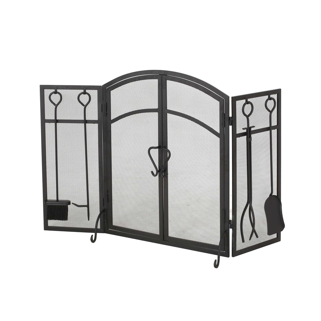 Iron Folding Fireplace Screen with Doors and 4-Piece Tool Set, Matte Finish, 50.5" x 5.5" x 32", Matte Black