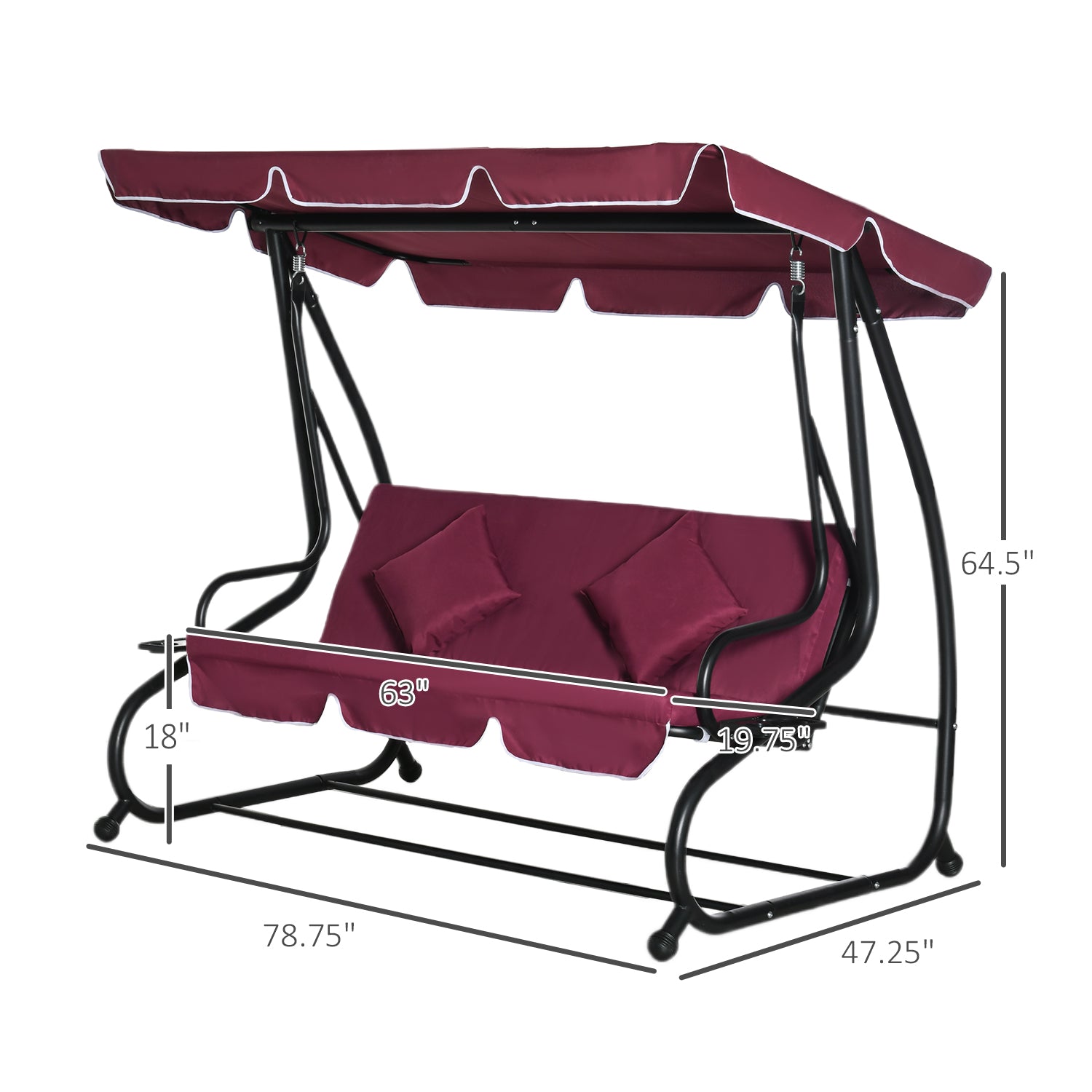 3-Seat Outdoor Patio Swing Chair, Converting Flatbed, Outdoor Swing Glider with Adjustable Canopy, Removable Cushion and Pillows, for Porch, Garden, Poolside, Backyard, Red