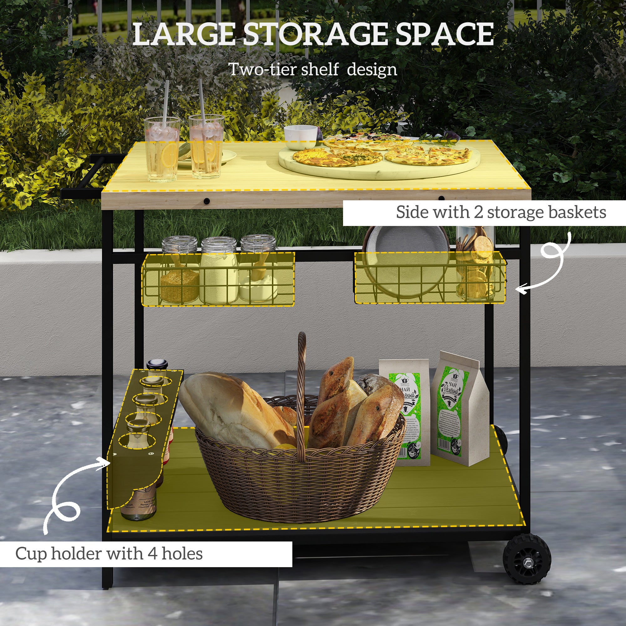 Outdoor Bar Cart Patio Serving Cart with Wine Holders Natural