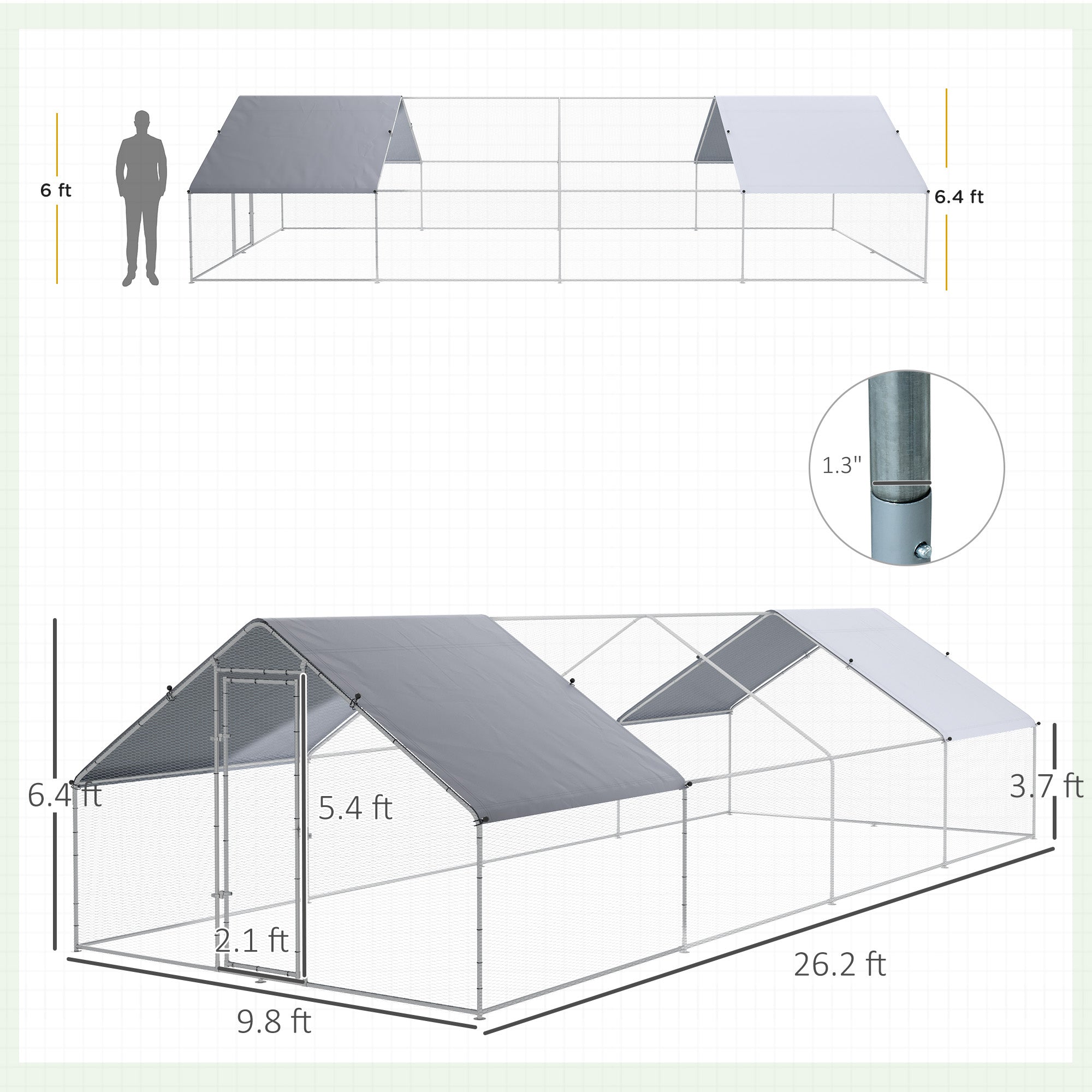Large Chicken Coop Metal Chicken Run for Chickens with Waterproof and Anti-UV Cover, Spire Shaped Walk in Fence Cage Hen House for Outdoor and Yard Farm Use, 1.3" Dia, 9.8' x 26.2' x 6.4'