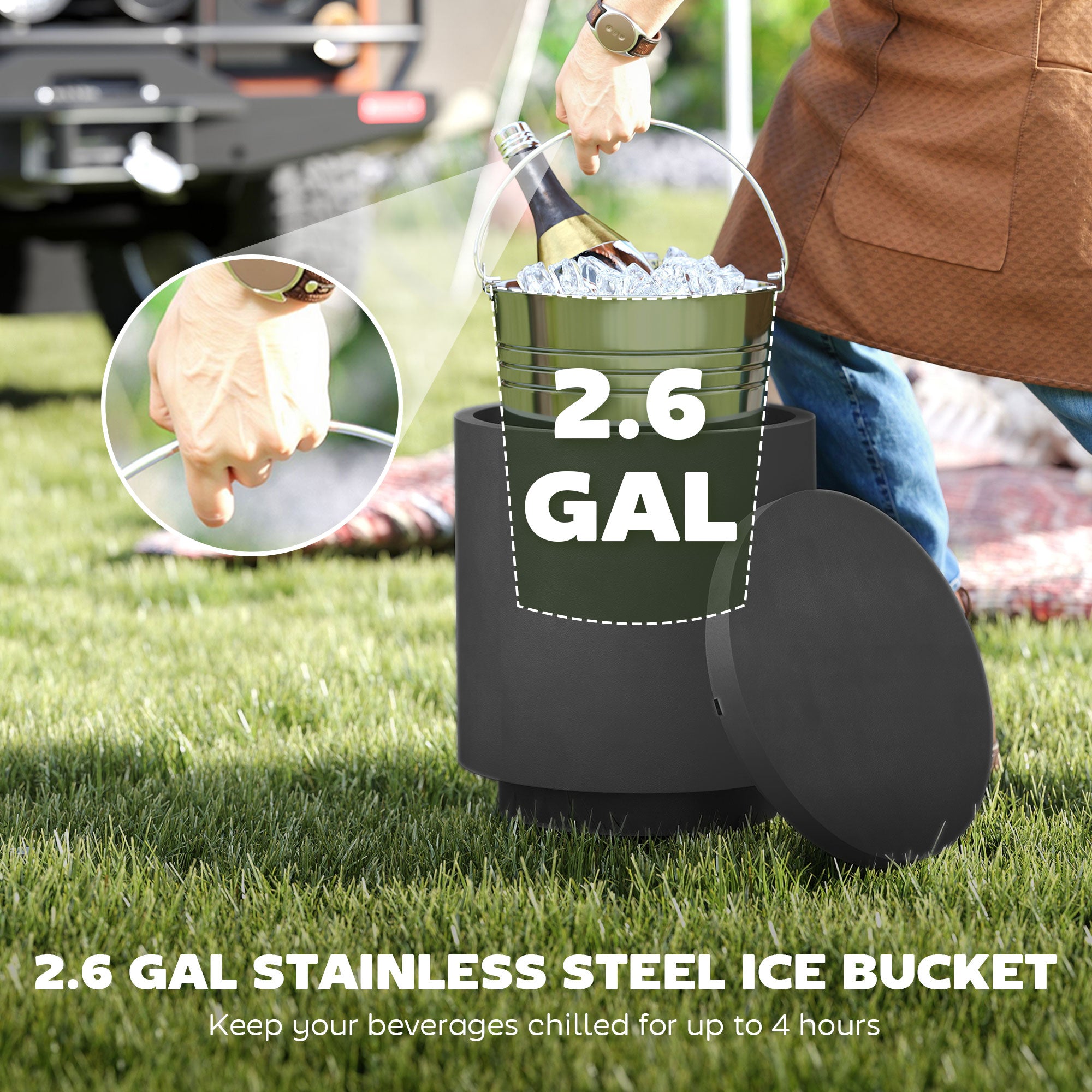 2.6 Gal Outdoor Side Table, 3-In-1 Concrete Cooler Bar Table with Storage, Removable Ice Bucket and Lid, Charcoal Gray