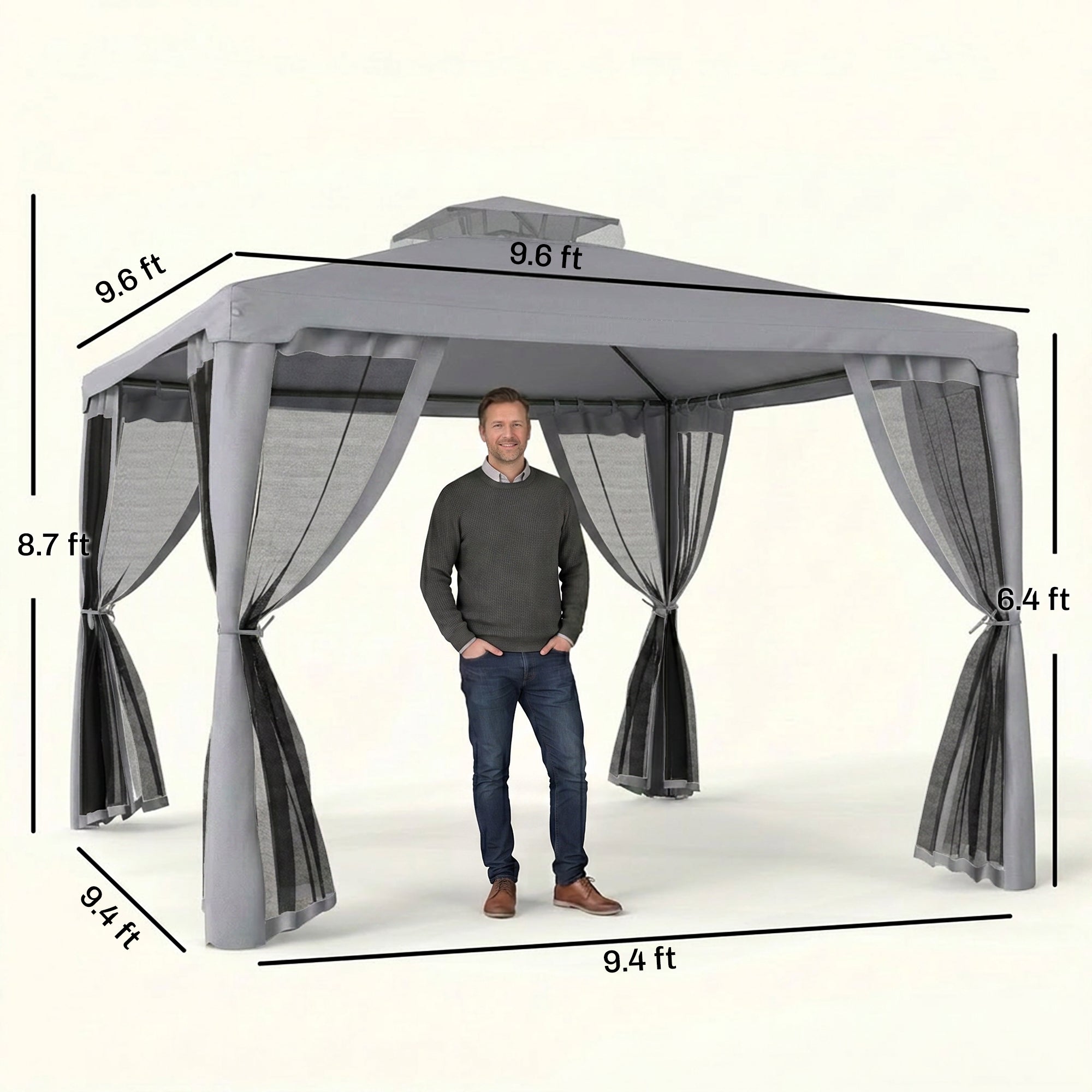9.6' x 9.6' Patio Gazebo, Outdoor Canopy Shelter with 2-Tier Roof and Netting, Steel Frame for Garden, Lawn, Backyard, and Deck, Gray