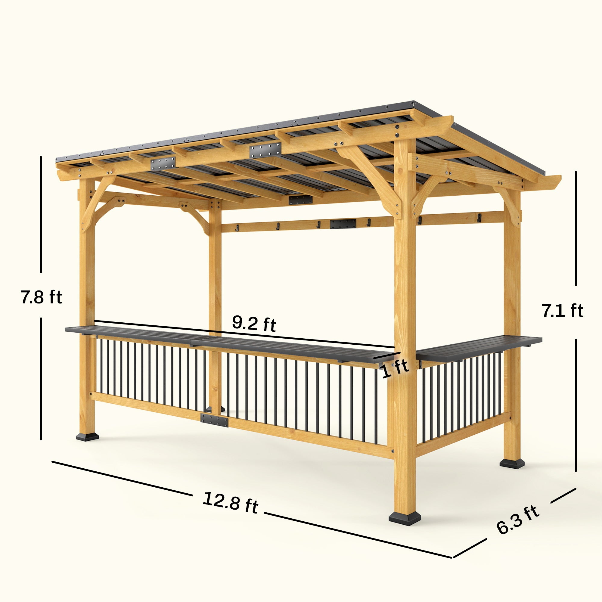 13' x 6' Wooden BBQ Grill Gazebo, Outdoor Hardtop Grill Gazebo with Metal Roof, 2 Bar Shelves and 6 Hooks, Natural