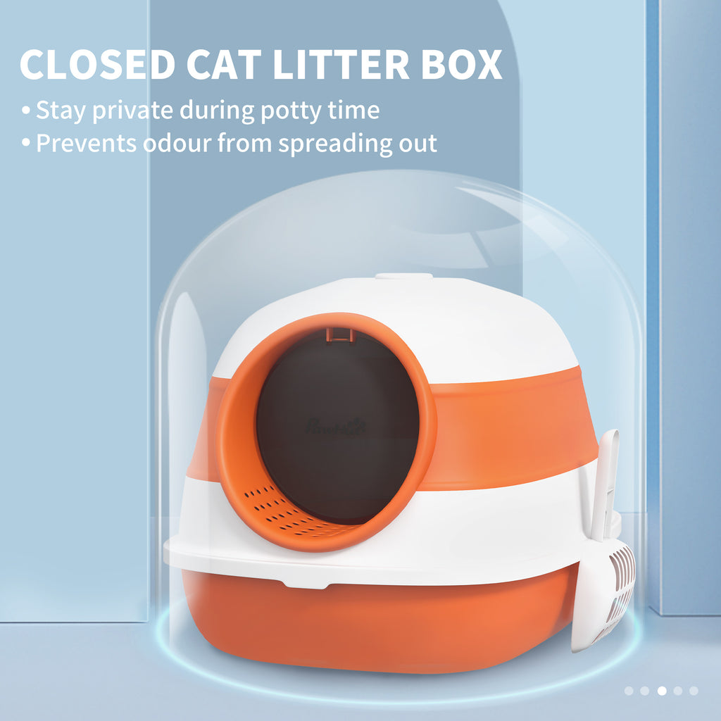 Dome Covered Cat Litter Box with Lid, White and Orange