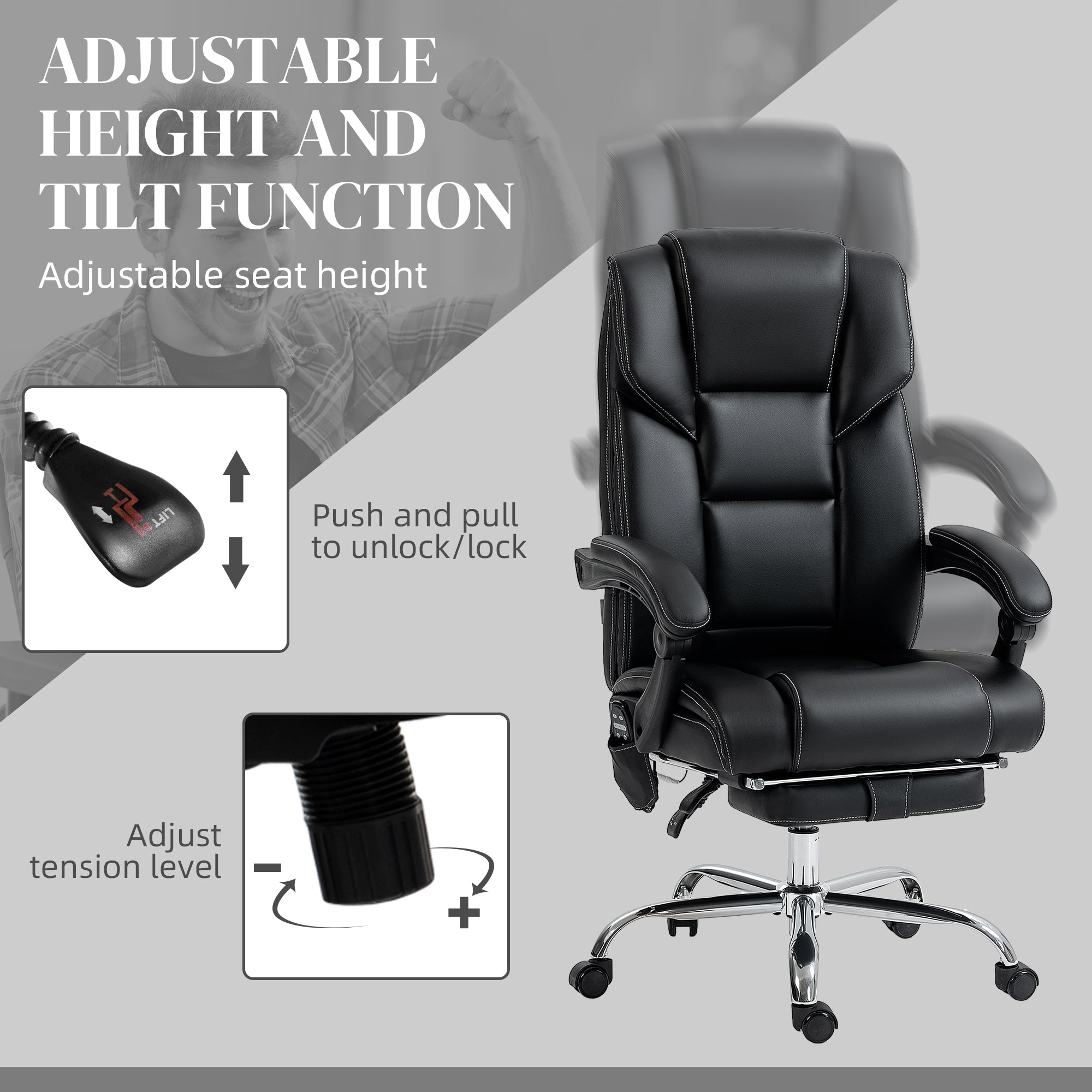 6 Point Vibration Massage Office Chair with Heat, PU Leather Computer Chair with Adjustable Height Reclining Back, Black