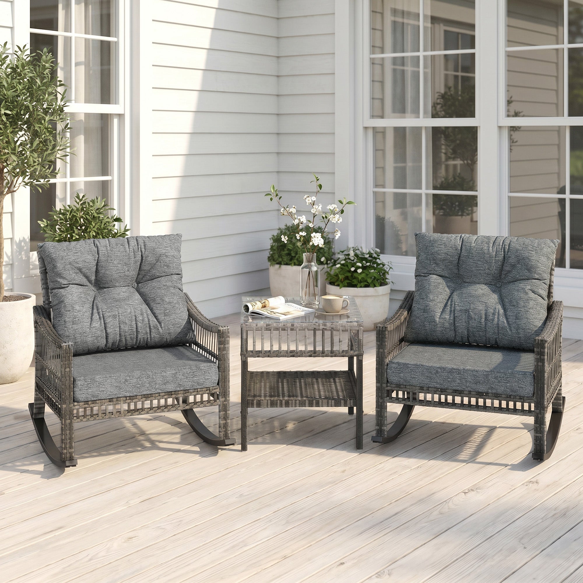 3 Piece Outdoor PE Rattan Rocker Chair Set, Rocking Chair with Tempered Glass Table Top, Gray
