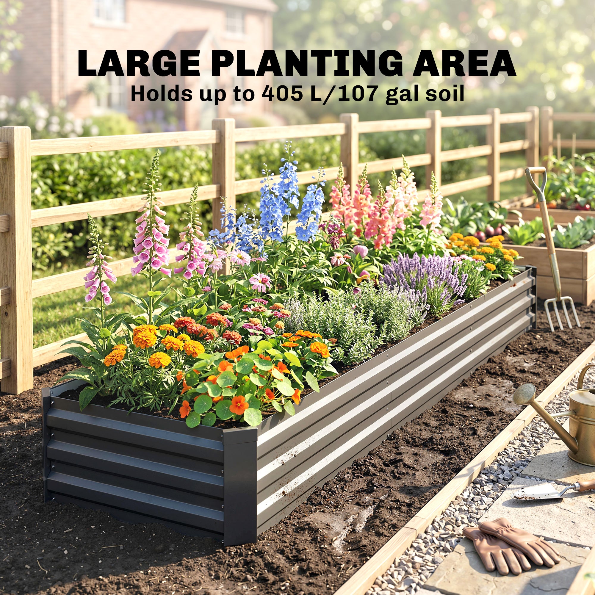 8x2x1ft Galvanized Raised Garden Bed Kit with Safety Edging for Flowers, Herbs and Vegetables, Dark Gray