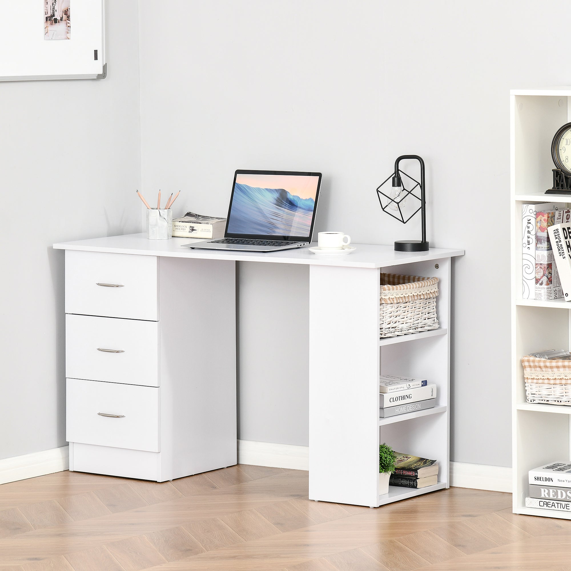 47" Modern Home Office Computer Desk Bookcase Combo Writing Table Workstation with 3 Drawer and Storage Shelf - White
