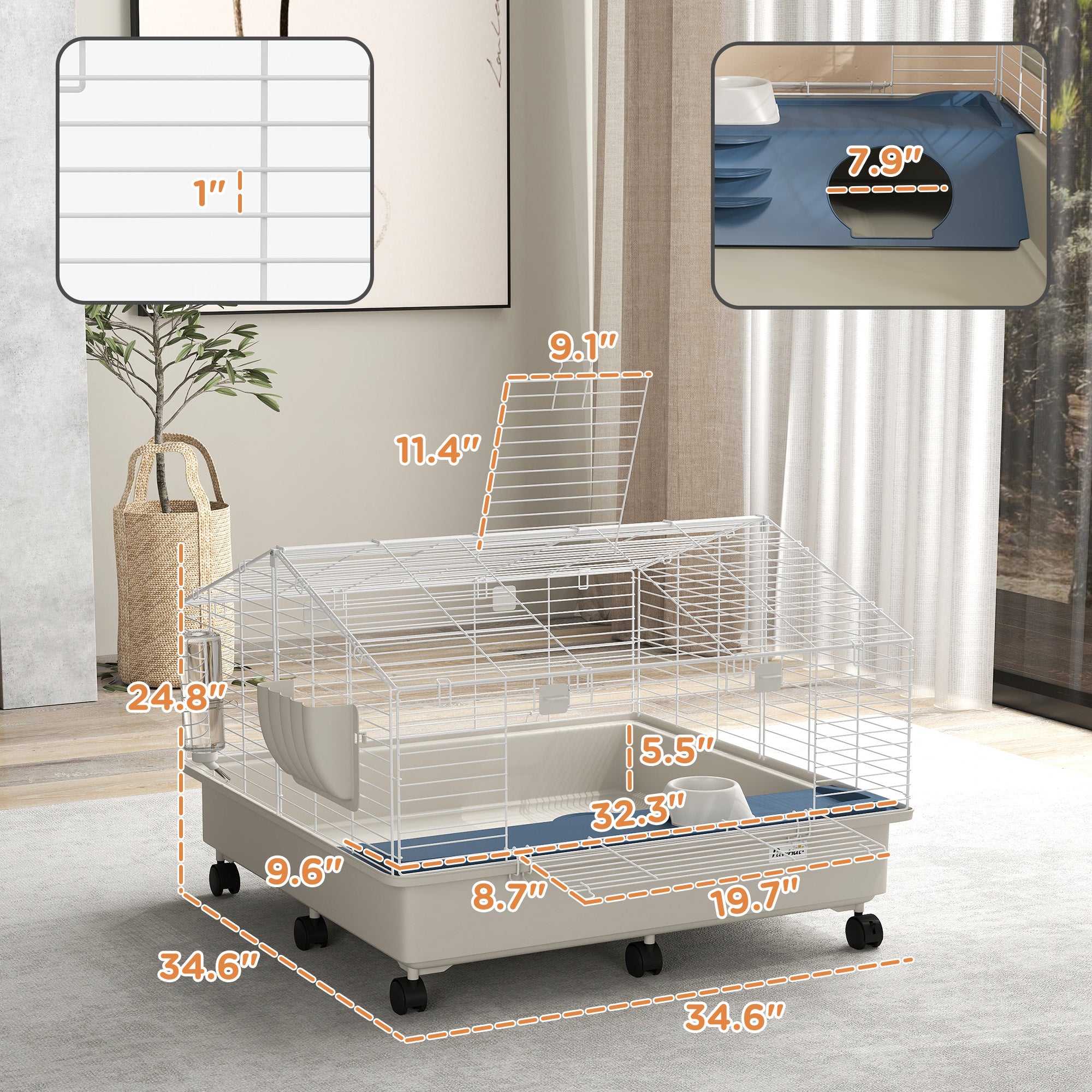 Rolling Small Animal Cage with Water Bottle, Hay Feeder, Food Dish for Rabbits, Hedgehogs, Guinea Pigs, 35" x 35" x 25"