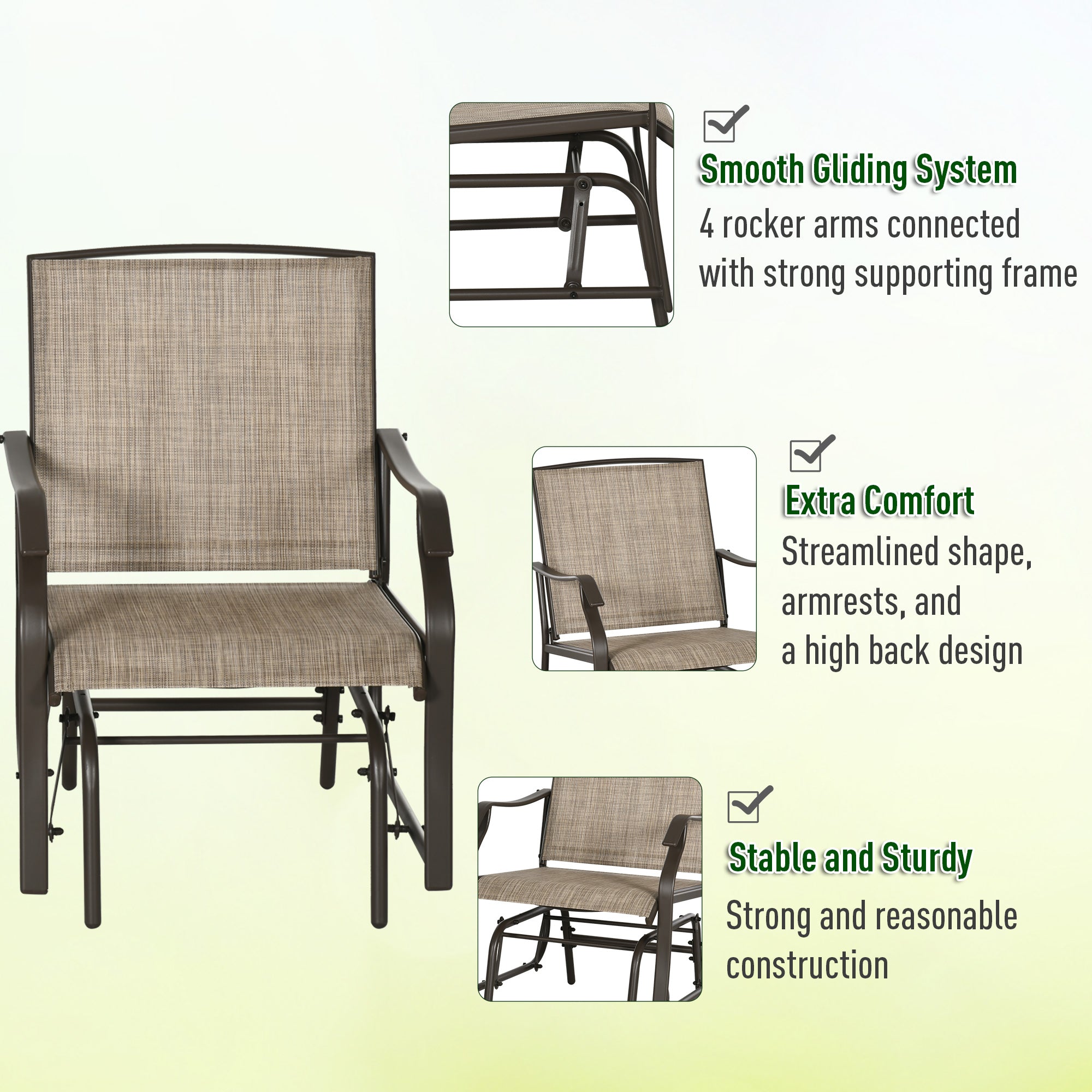 3 Piece Outdoor Glider Chair with Coffee Table Bistro Set, 2 Patio Rocking Swing Chairs with Breathable Sling Fabric, Glass Tabletop, for Backyard, Garden and Porch, Mixed Brown