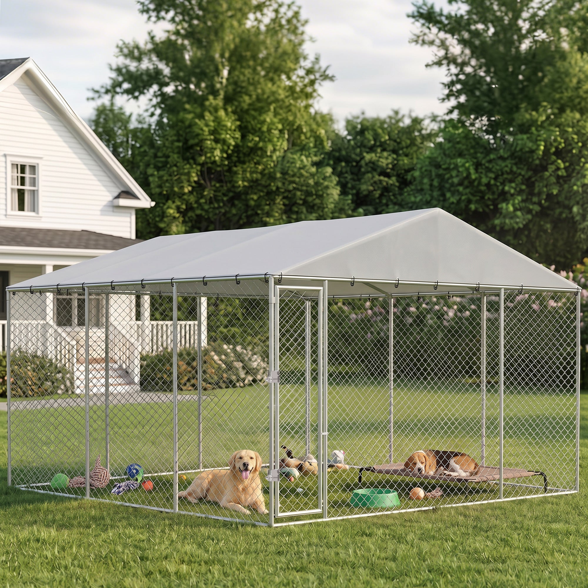13' x 13' x 6.5' Dog Kennel Outdoor for Small Medium Dogs with Waterproof Roof, Silver