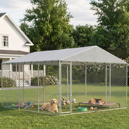 13' x 13' x 6.5' Dog Kennel Outdoor for Small Medium Dogs with Waterproof Roof, Silver